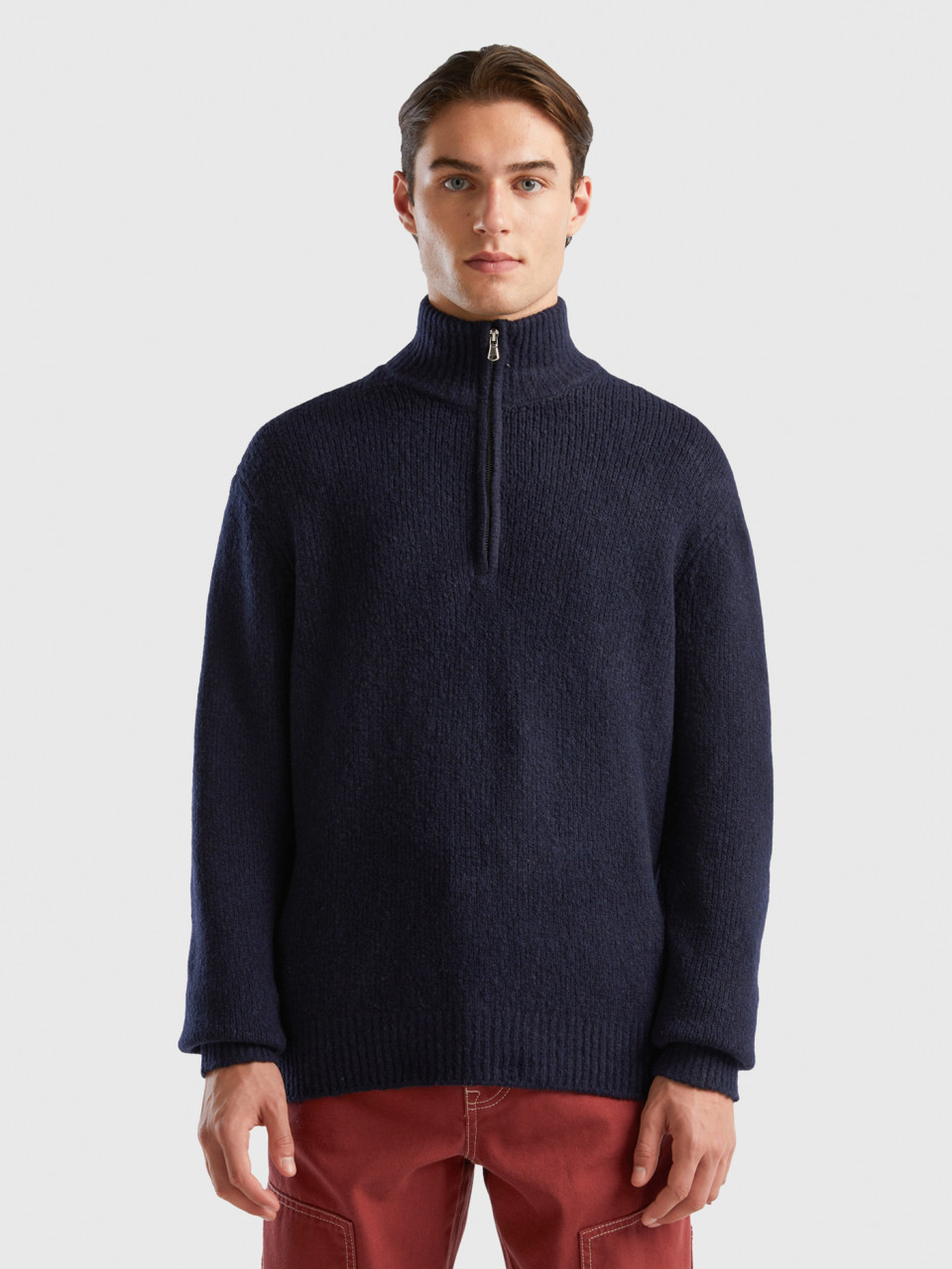Benetton, Oversized Fit Half-zip Sweater, Dark Blue, Men