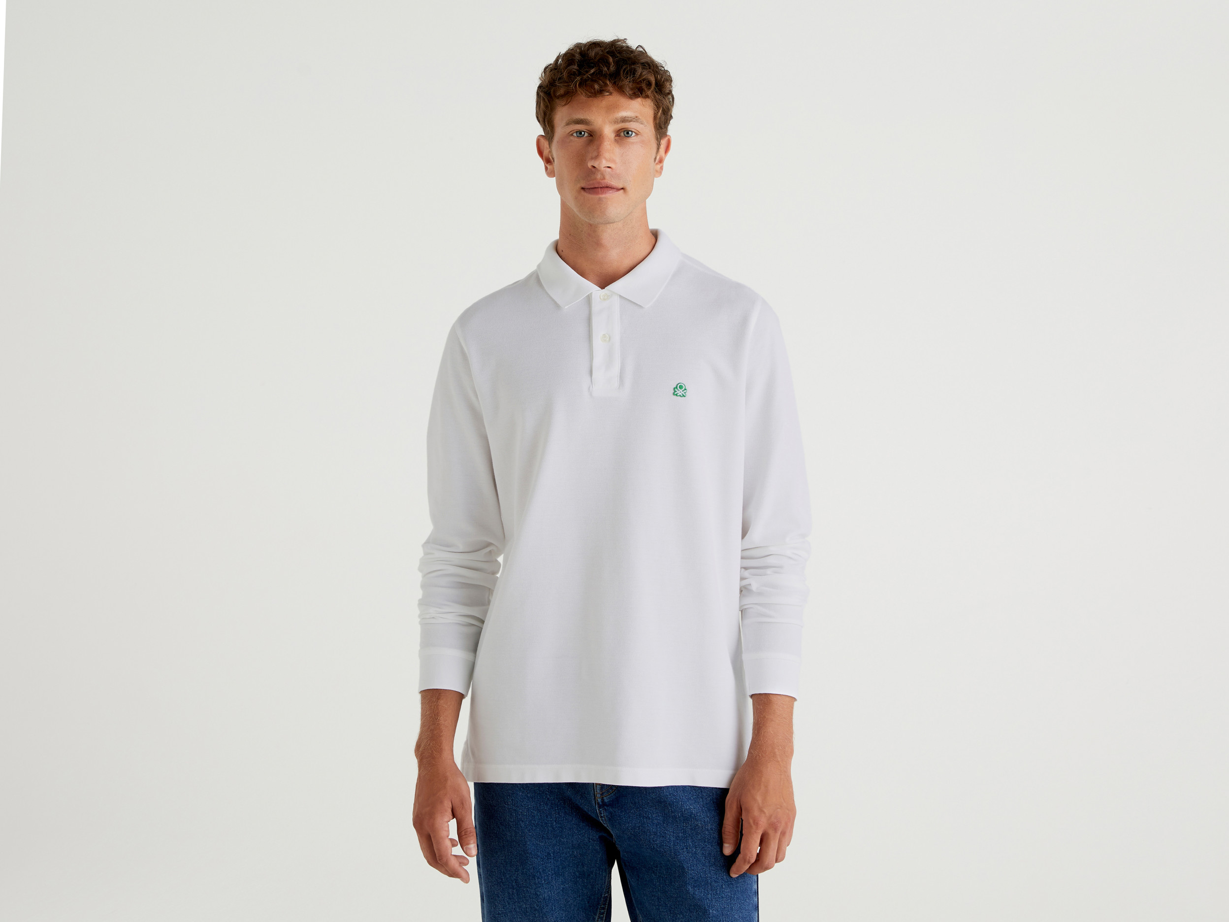 Benetton, Polo A Manica Lunga 100% Cotone, Bianco, Uomo Benetton, Polo A Manica Lunga 100% Cotone, Bianco, Uomo
