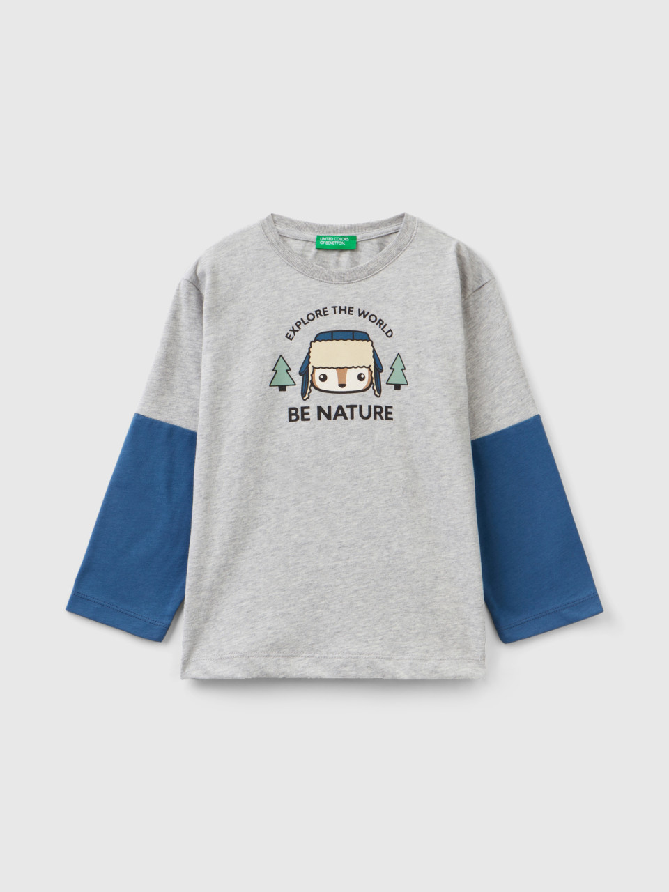 Benetton, Warm T-shirt With Print, Light Gray, Kids