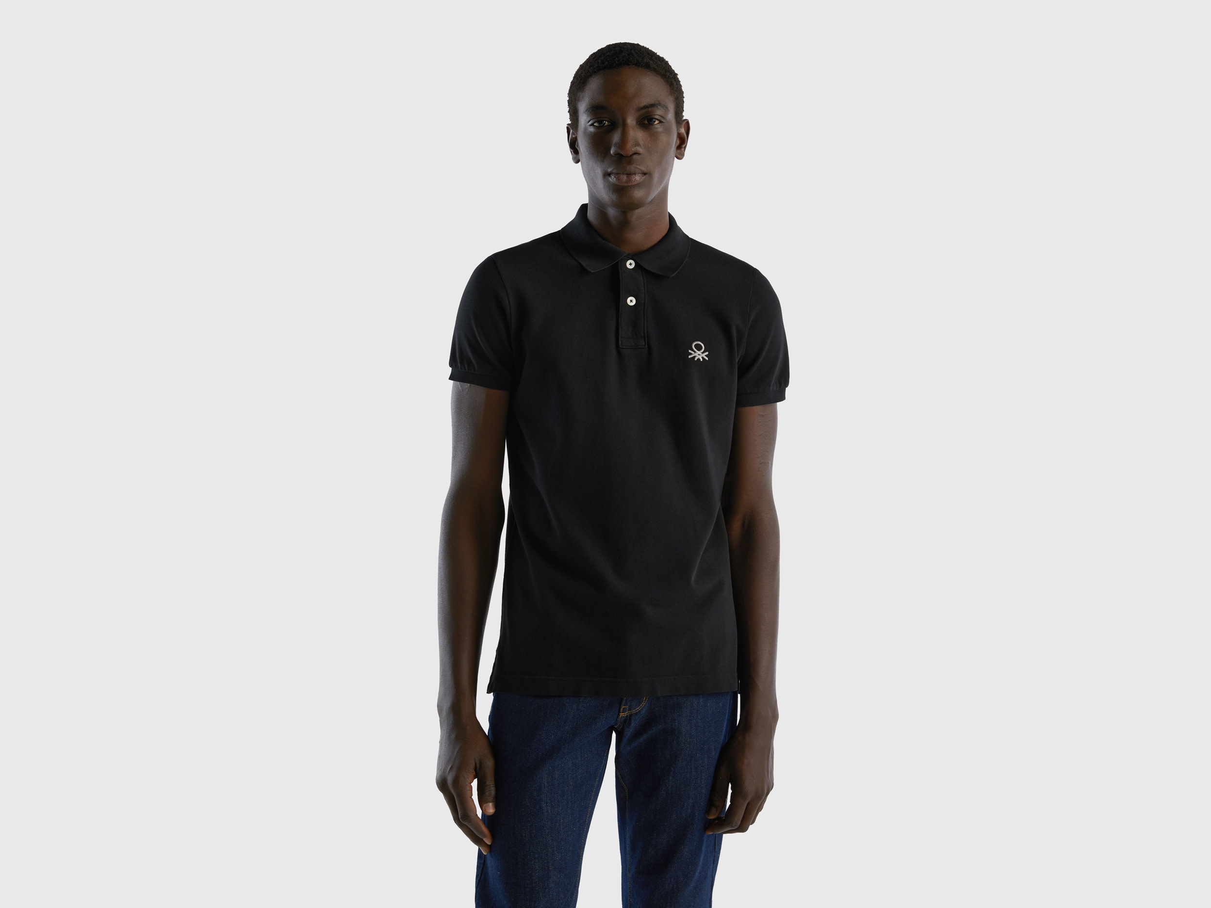 Image of Benetton, Black Slim Fit Polo, size XL, Black, Men