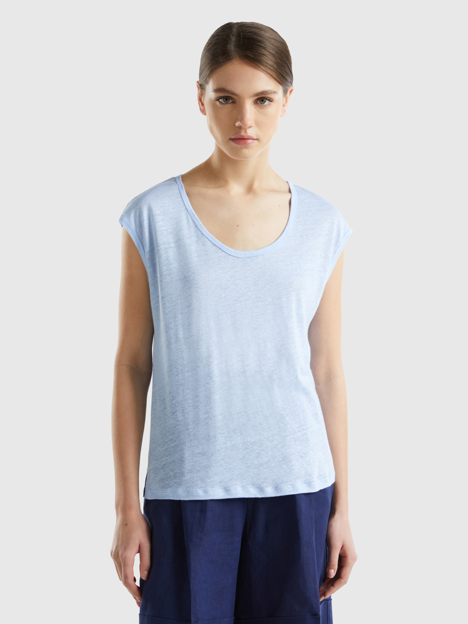 Benetton, Wide Neck T-shirt In Pure Linen, Sky Blue, Women