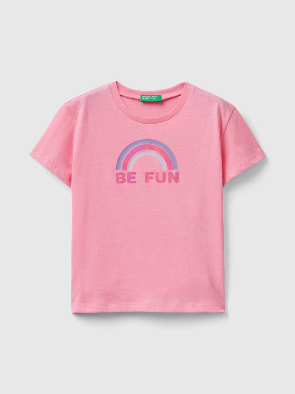 Benetton, Boxy Fit T-shirt With Glossy Details, Pink, Kids