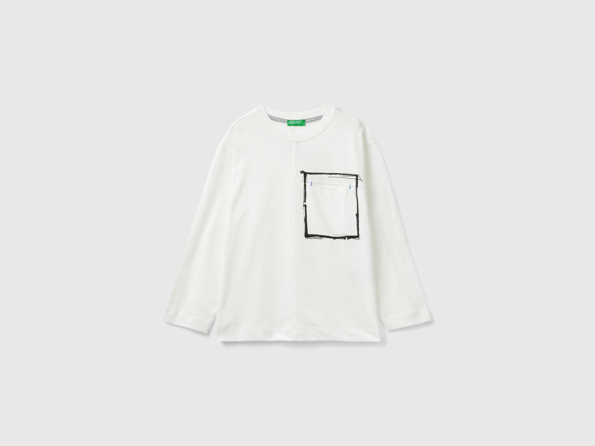 Benetton, T-shirt Con Taschino In Cotone Bio, Bianco, Bambini
