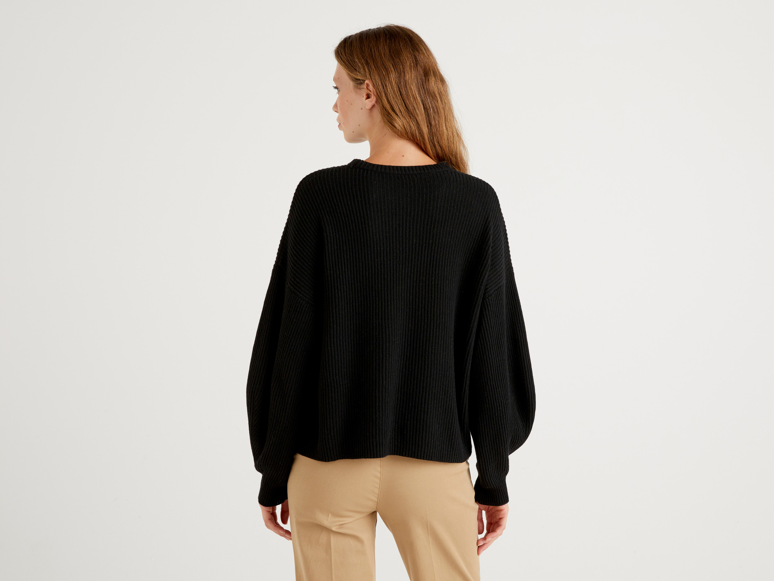 Benetton, Soft Sweater With Slit Pattern, Taglia L-Xl, Black, Women