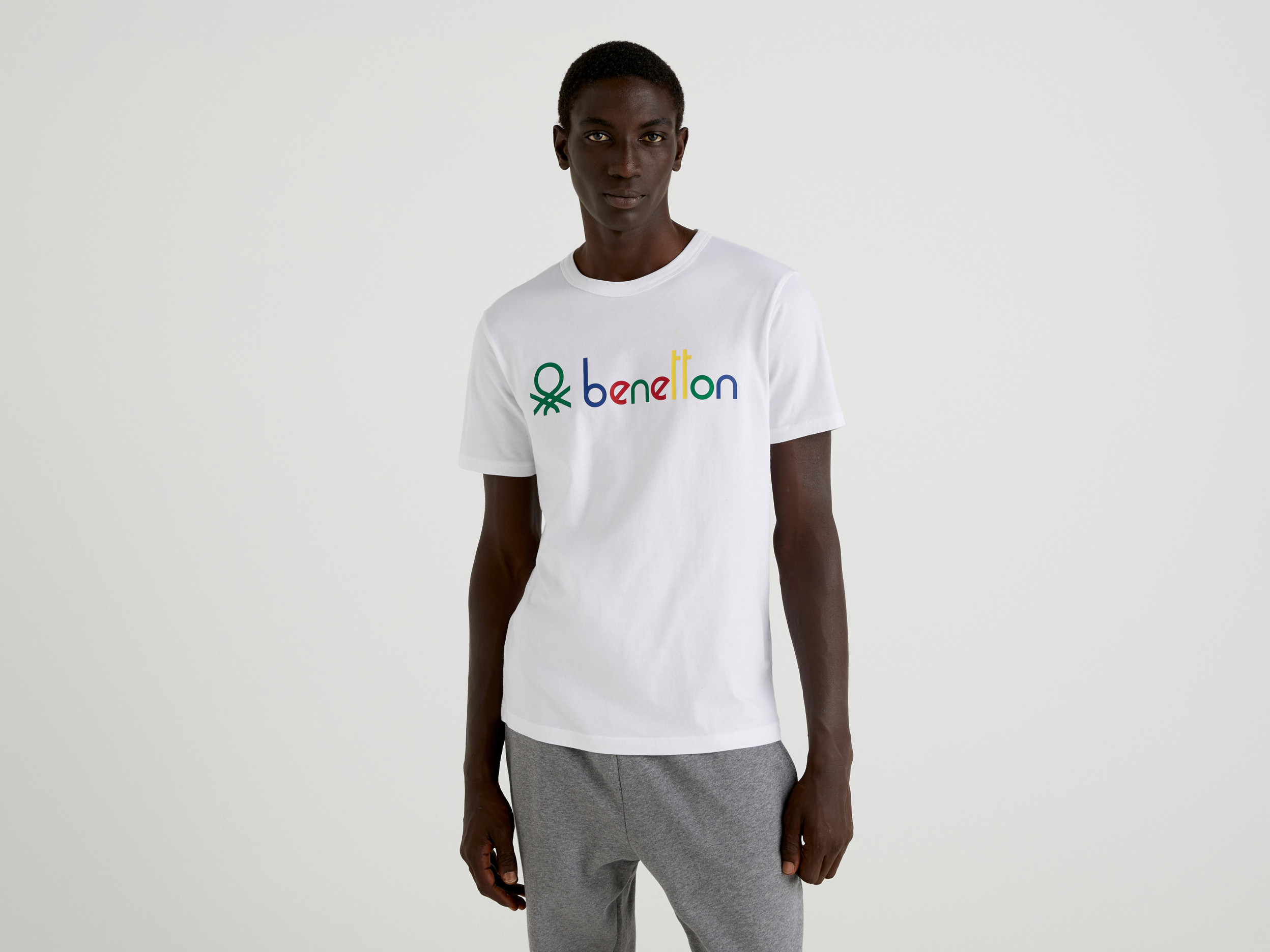 Benetton, T shirt Bianca In Cotone Bio Con Logo, Bianco, Uomo