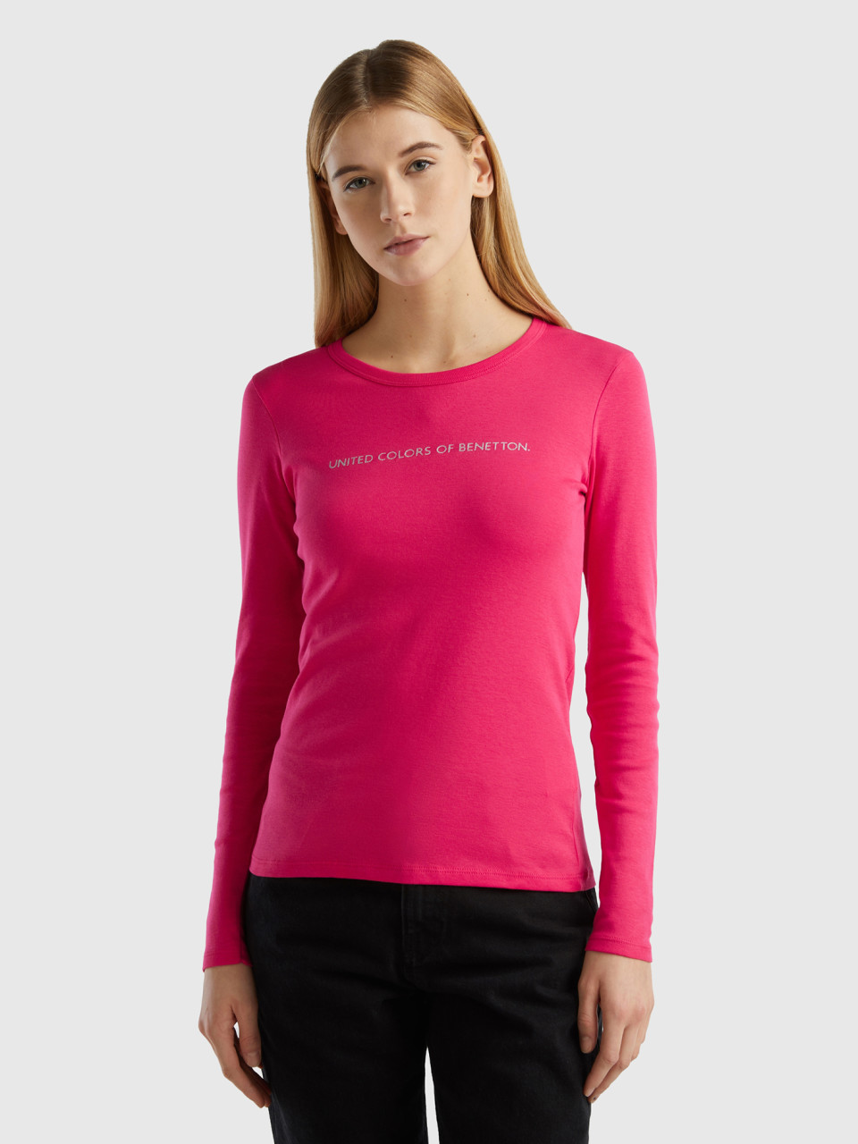 Benetton, Fuchsia 100% Cotton Long Sleeve T-shirt, Fuchsia, Women