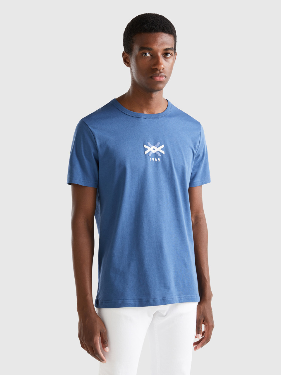 Benetton, Air Force Blue T-shirt In Organic Cotton With Logo Print, Air Force Blue, Men