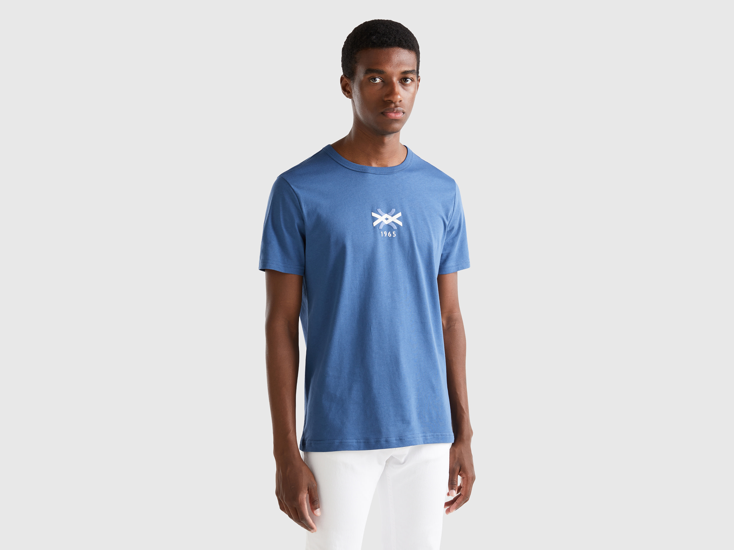 Benetton, Air Force Blue T-shirt In Organic Cotton With Logo Print, size S, Air Force Blue, Men