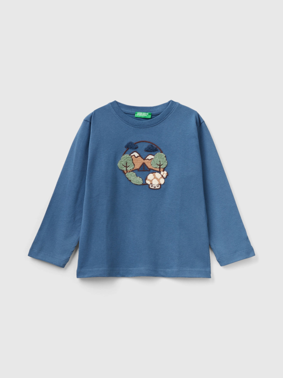 Benetton, T-shirt Regular Brodé, Bleu Horizon, Enfants