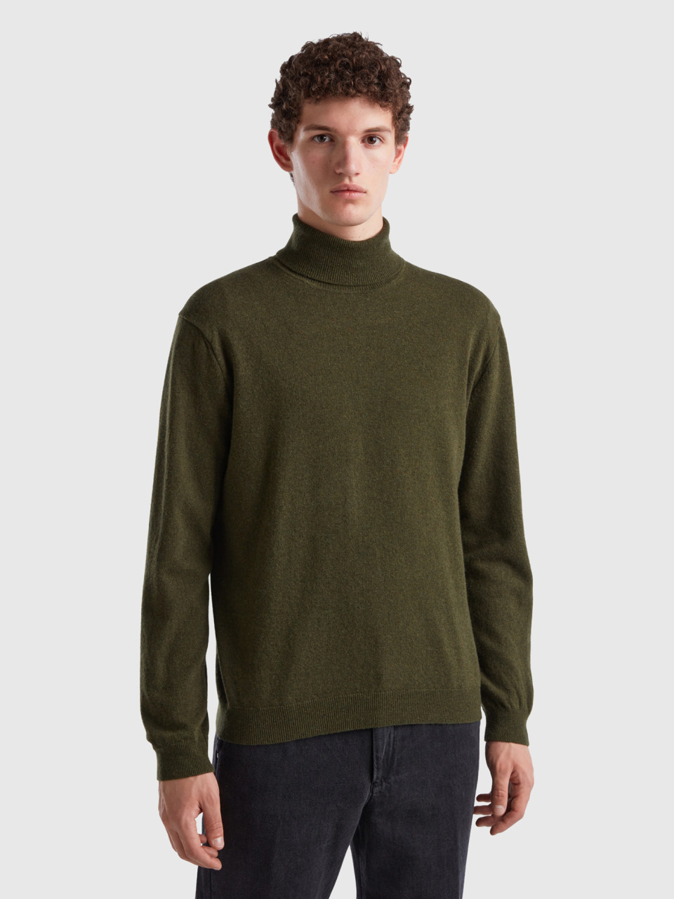 Benetton, Military Green Turtleneck In Pure Merino Wool, Military Green, Men