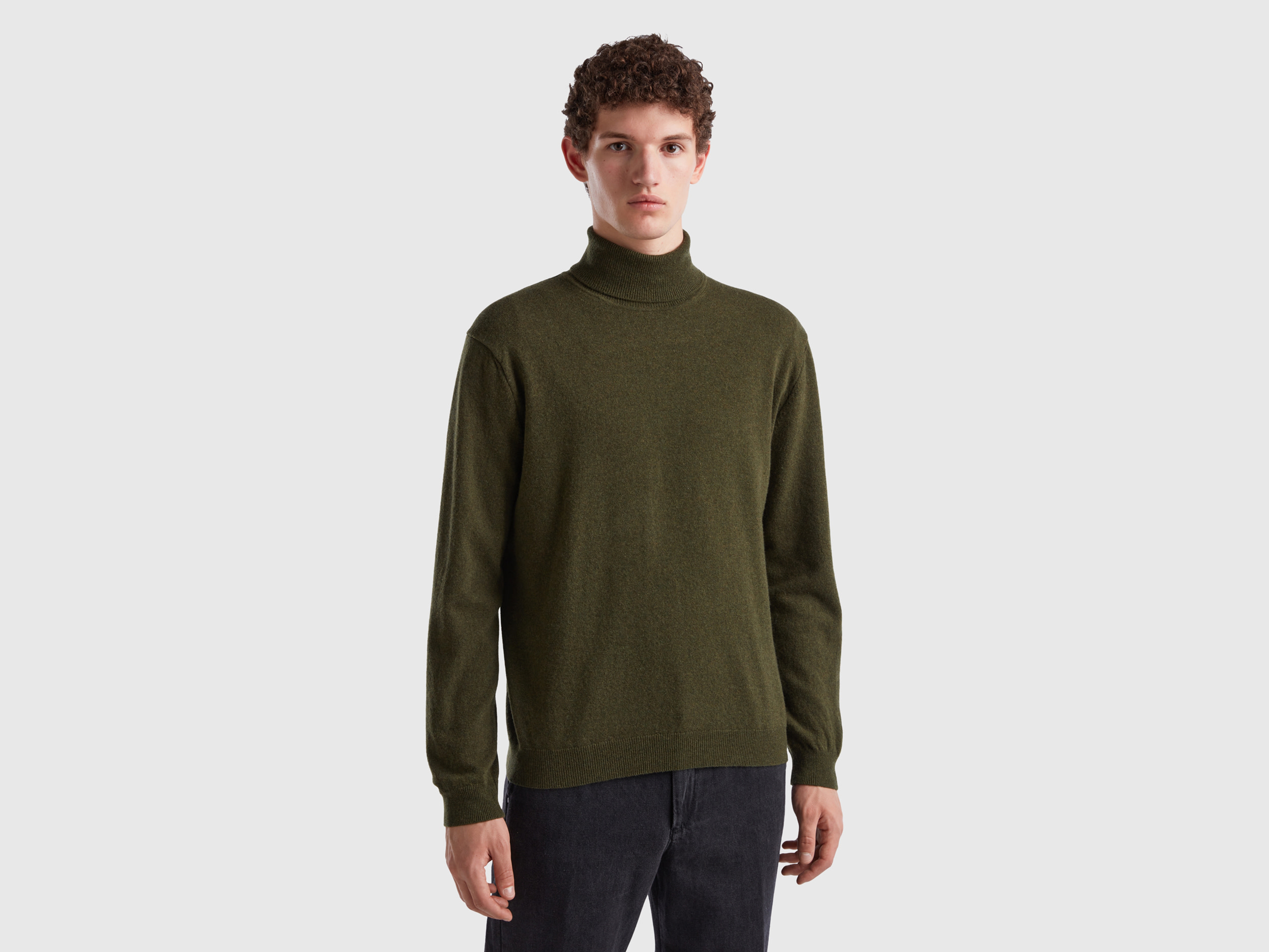 Benetton, Military Green Turtleneck In Pure Merino Wool, size L, Military Green, Men