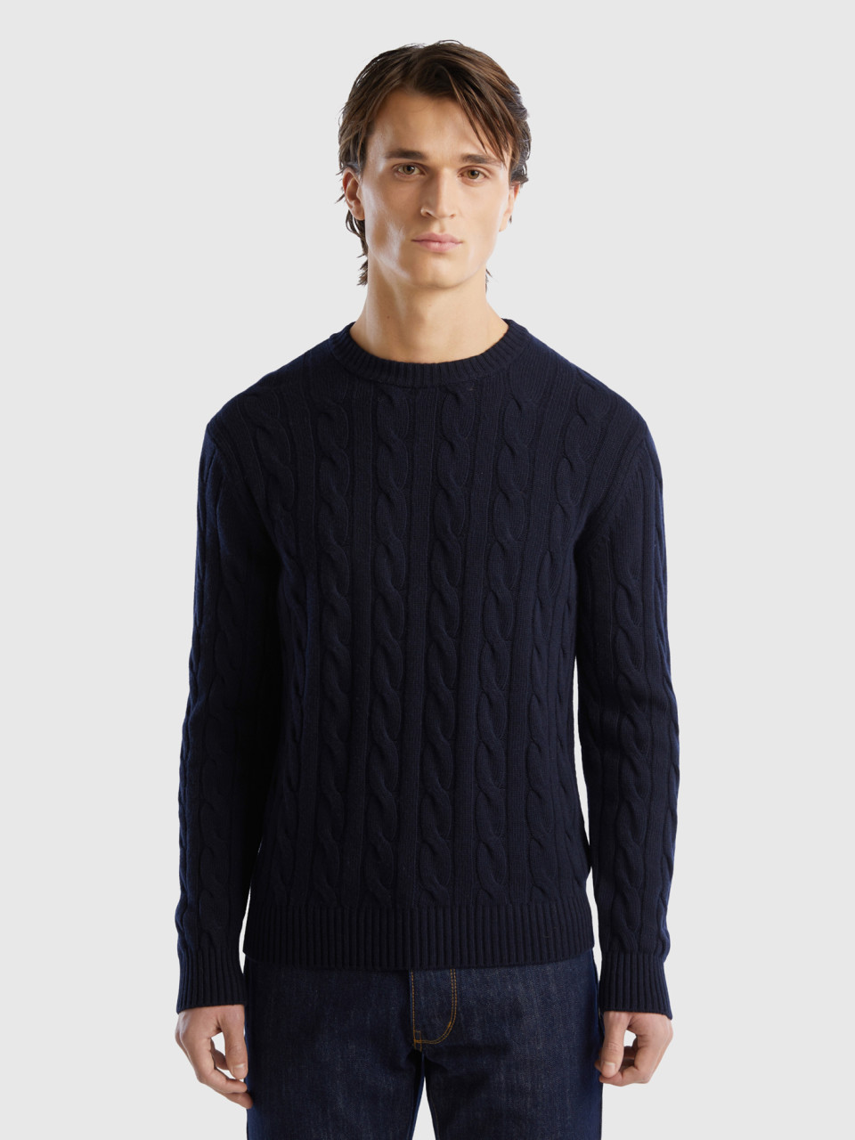 Benetton, Cable Knit Sweater In Cashmere Blend, Dark Blue, Men