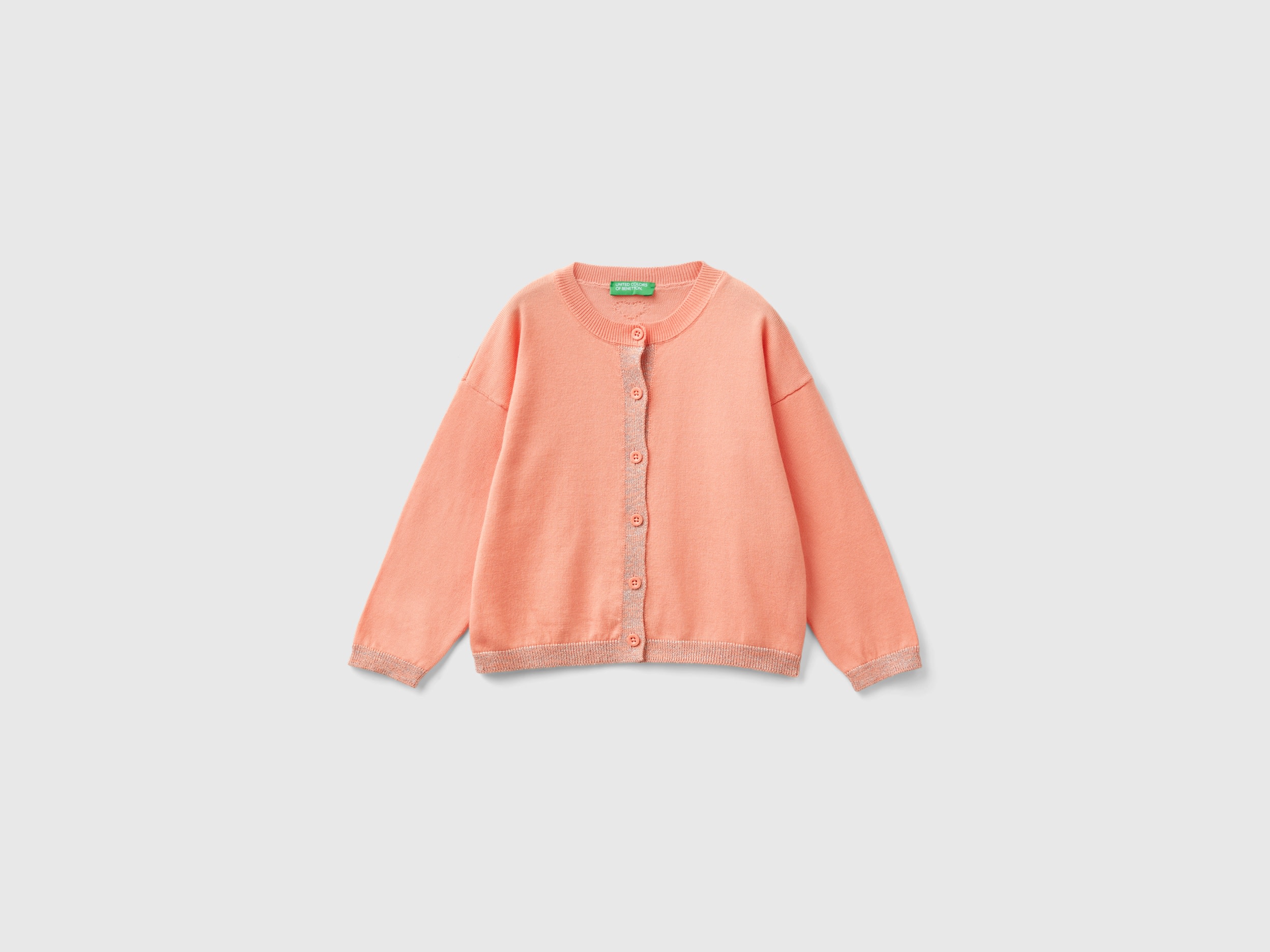 Benetton, Cardigan Con Lurex In Puro Cotone, Pesca, Bambini
