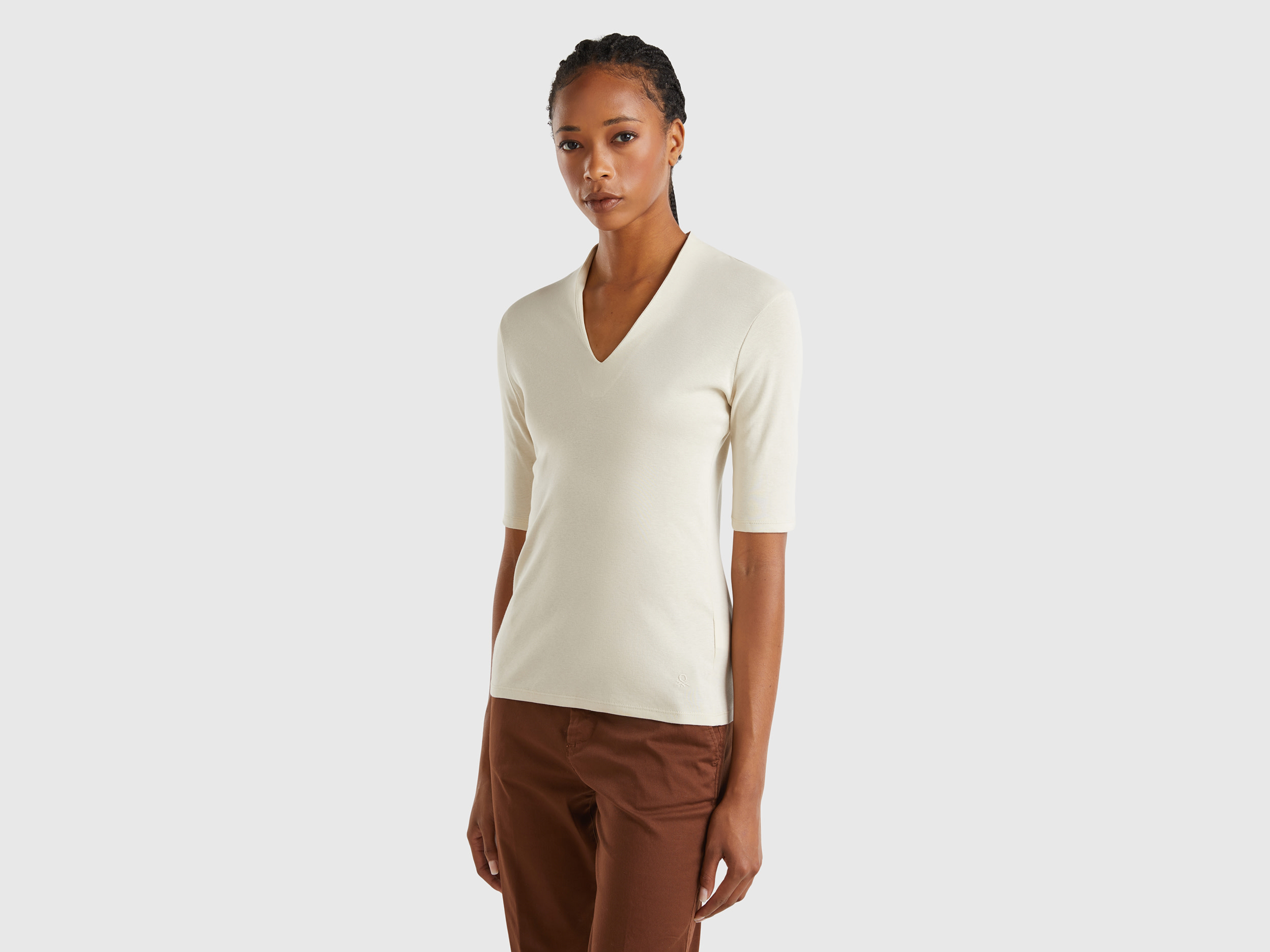 Benetton, T-shirt Slim Fit In Cotone A Fibra Lunga, Beige, Donna
