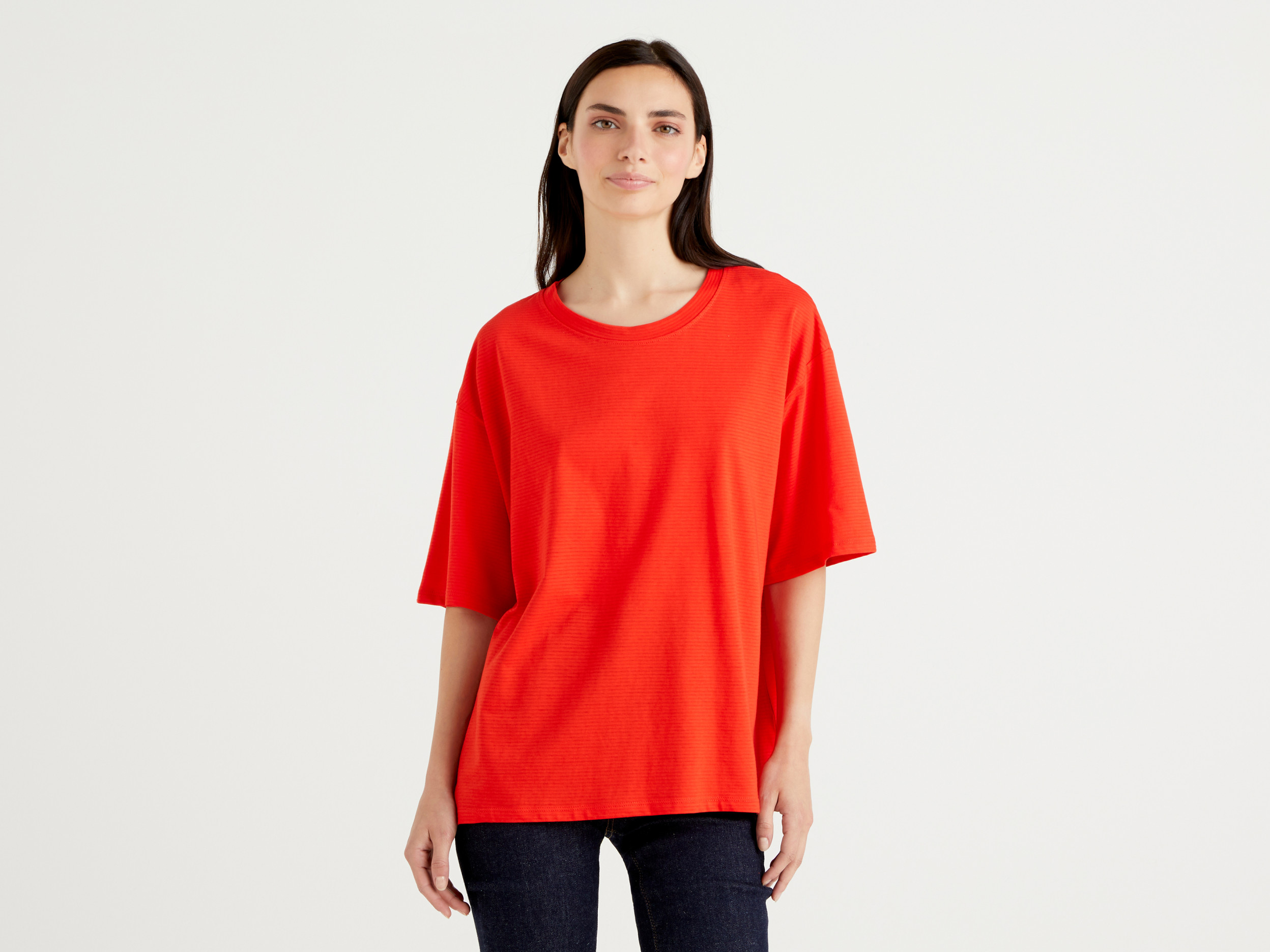 Benetton, T shirt Overfit A Manica Corta, Rosso, Donna