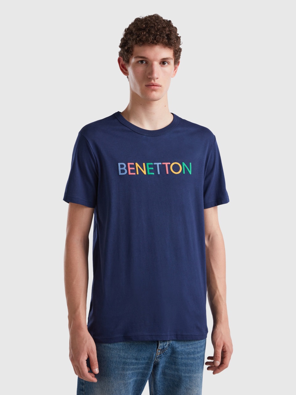 Benetton, Dark Blue T-shirt In Organic Cotton With Multicolored Logo, Dark Blue, Men