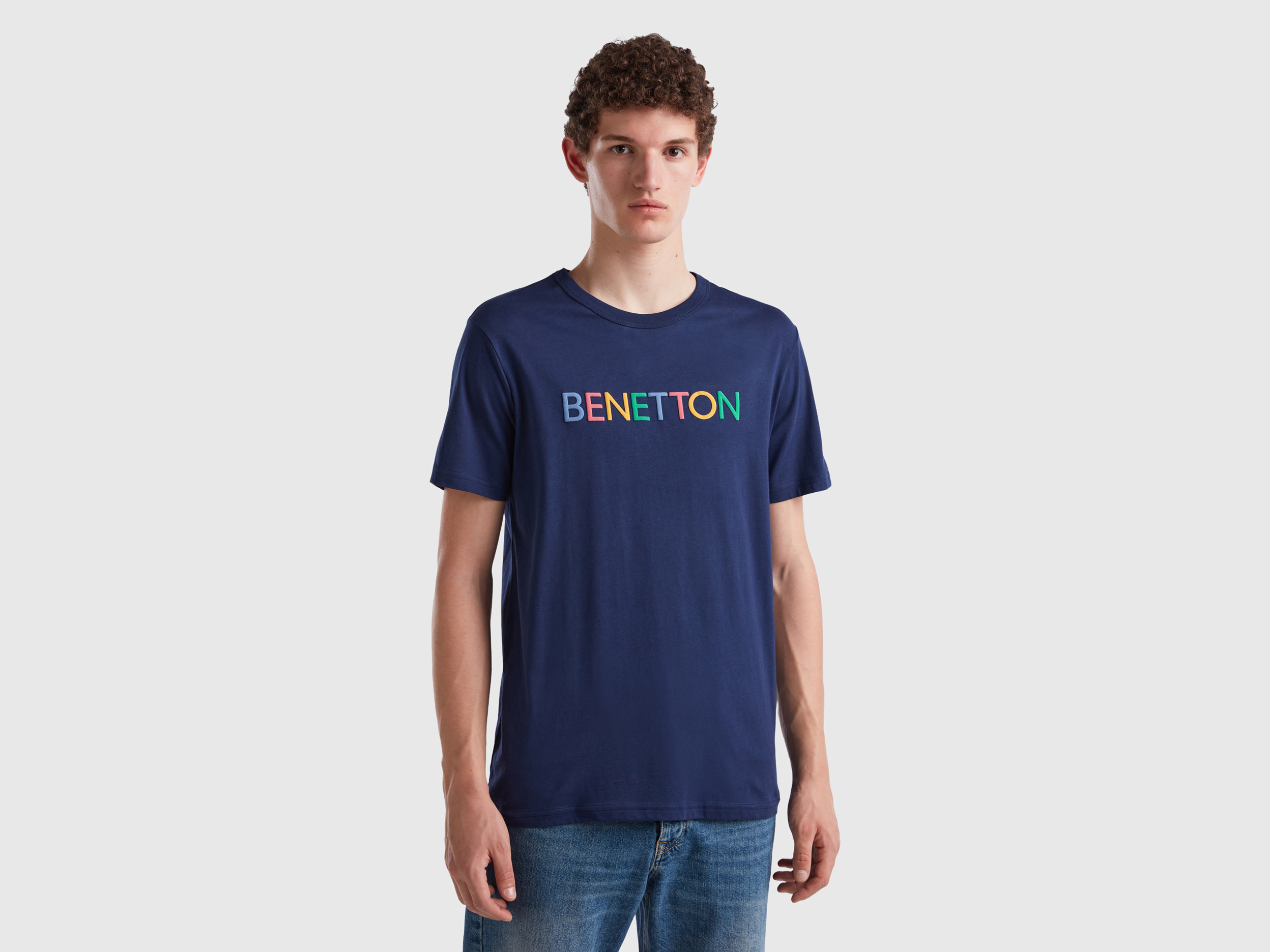 Image of Benetton, Dark Blue T-shirt In Organic Cotton With Multicolored Logo, size XXL, Dark Blue, Men