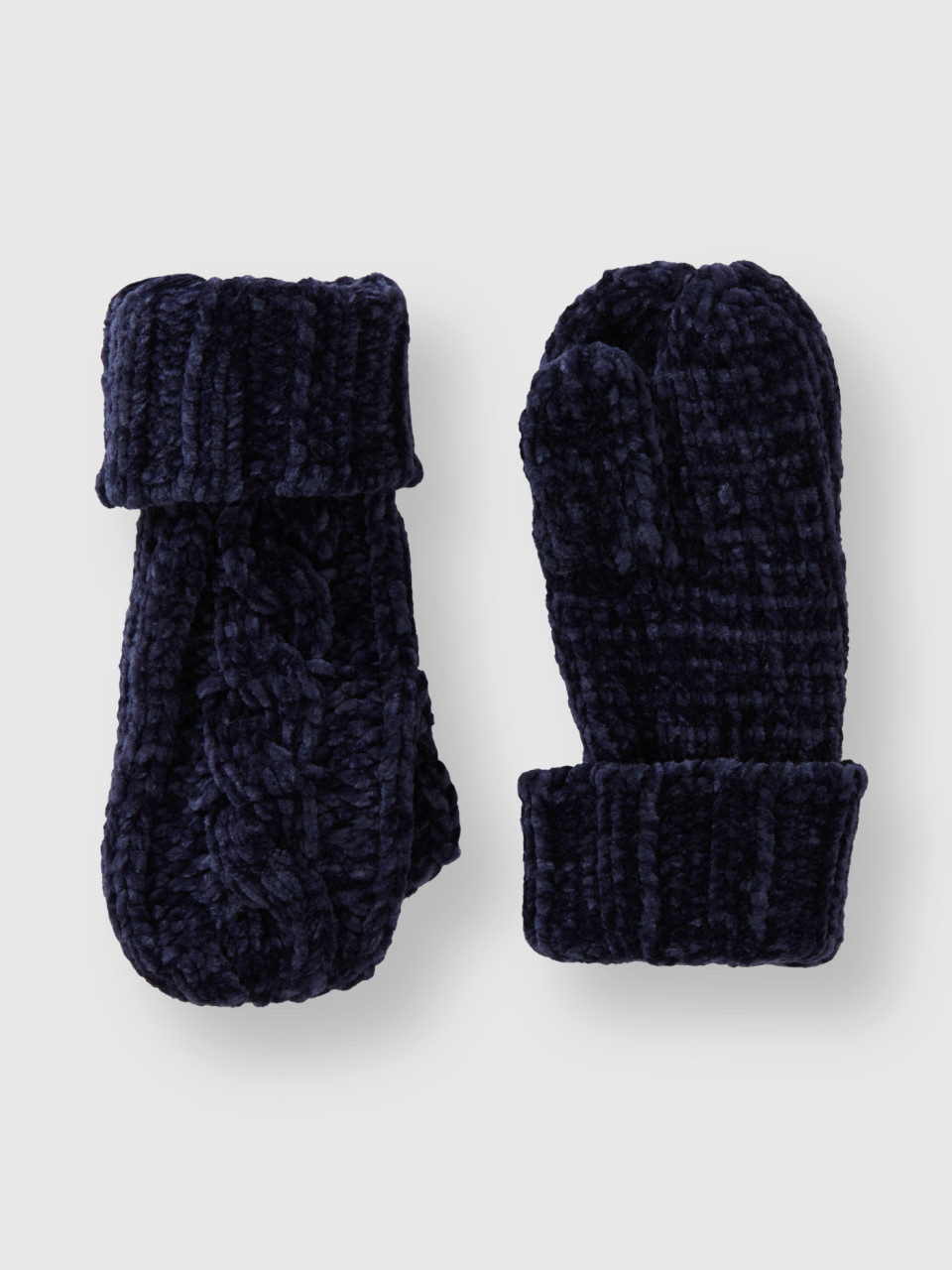 Benetton, Chenille Gloves With Cable Knit, Dark Blue, Kids
