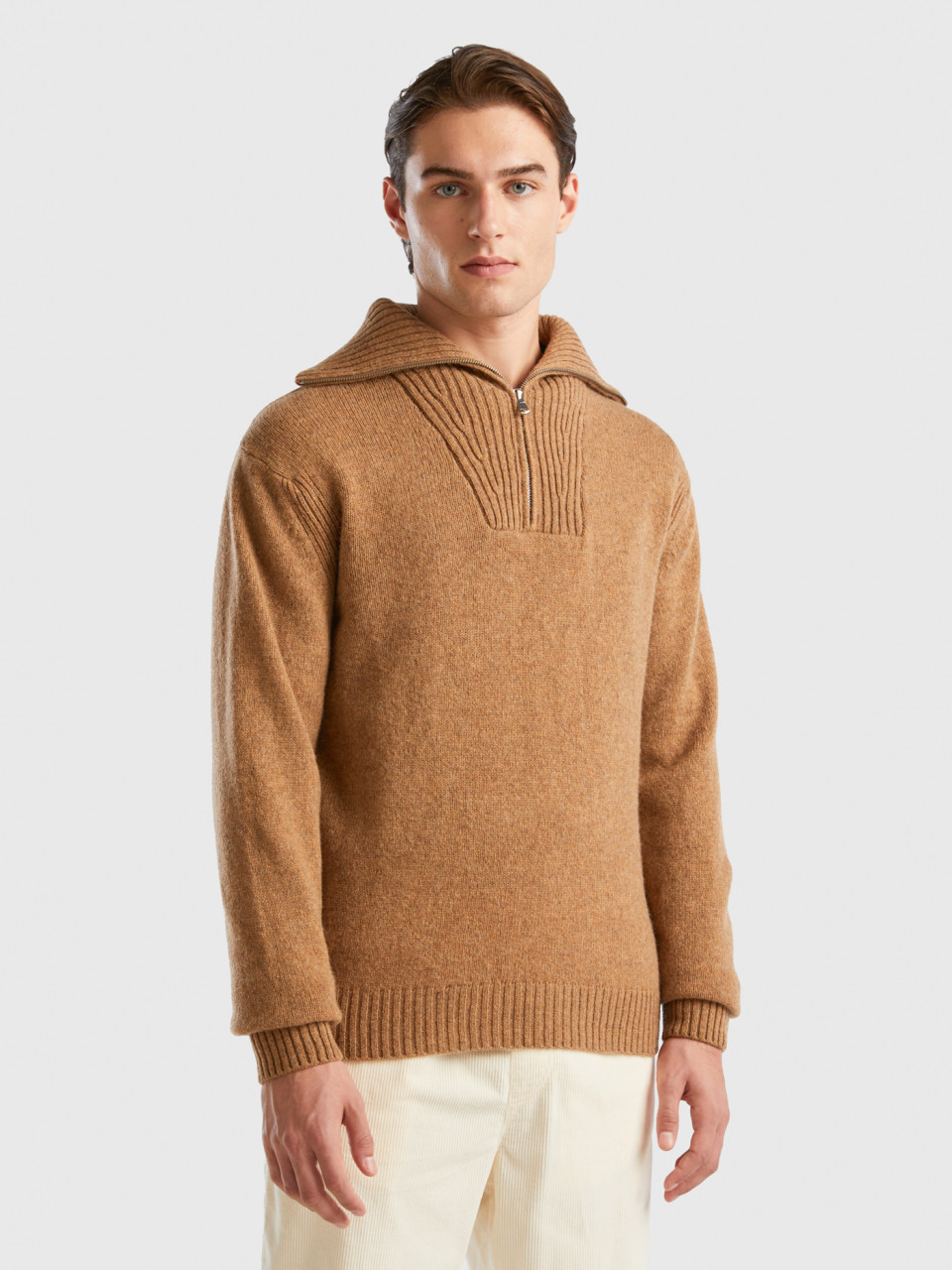 Benetton, Camel Sweater In Pure Shetland Wool, Camel, Men