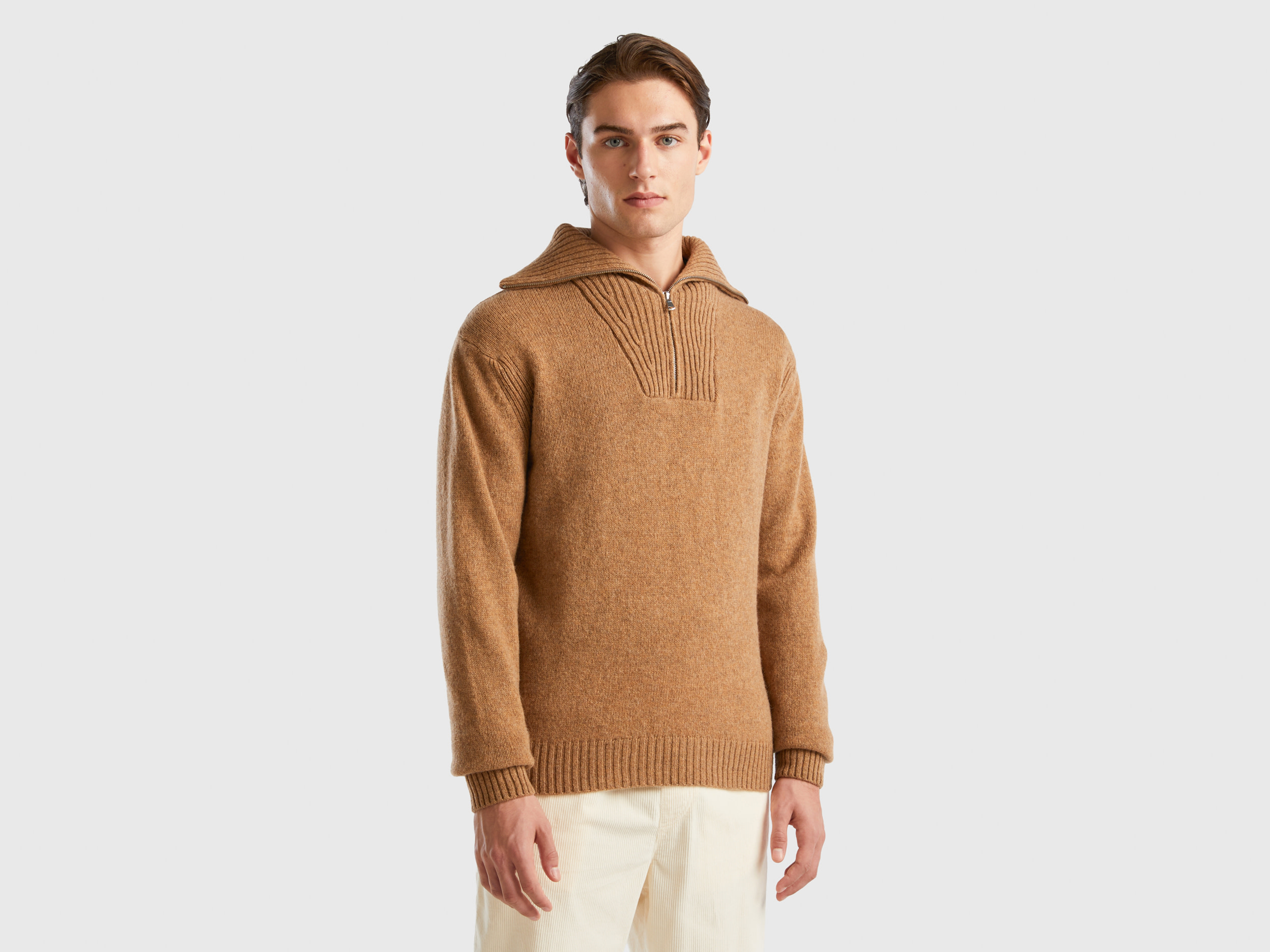 Benetton, Camel Sweater In Pure Shetland Wool, size XS, Camel, Men