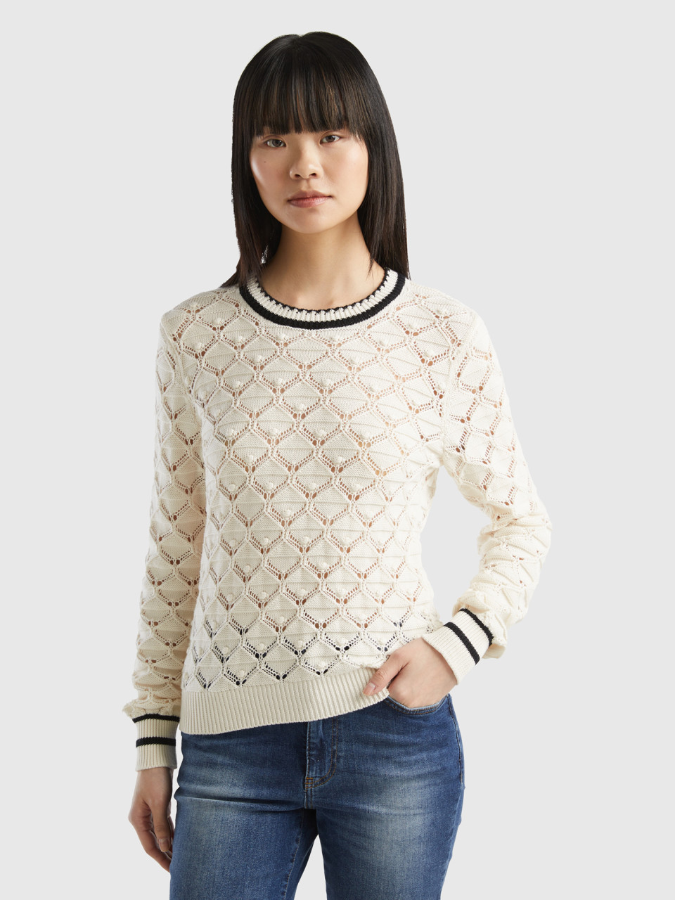 Benetton, Perforated Sweater In Pure Cotton, Creamy White, Women