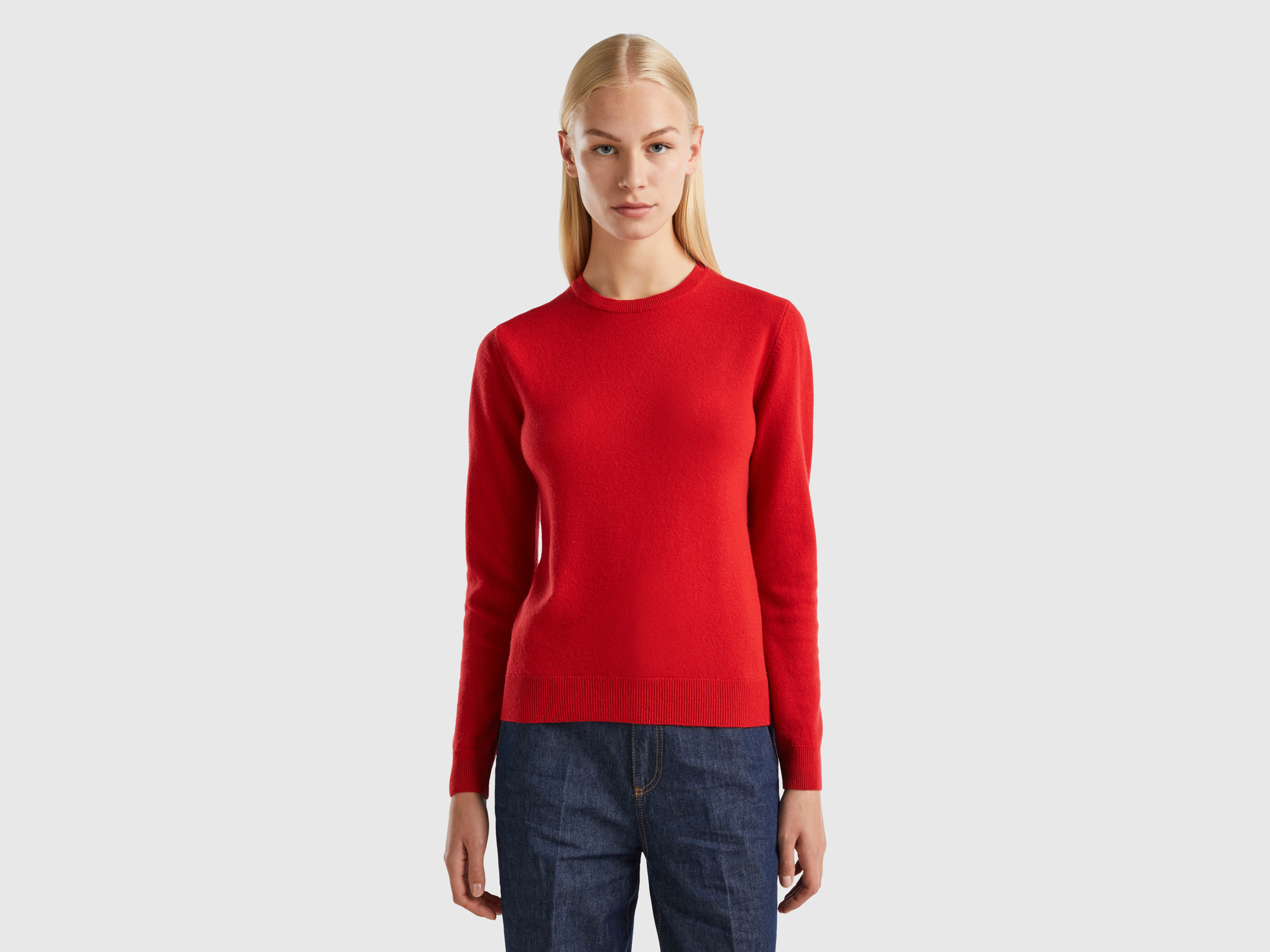 Benetton, Red Crew Neck Sweater In Merino Wool, size M, Red, Women