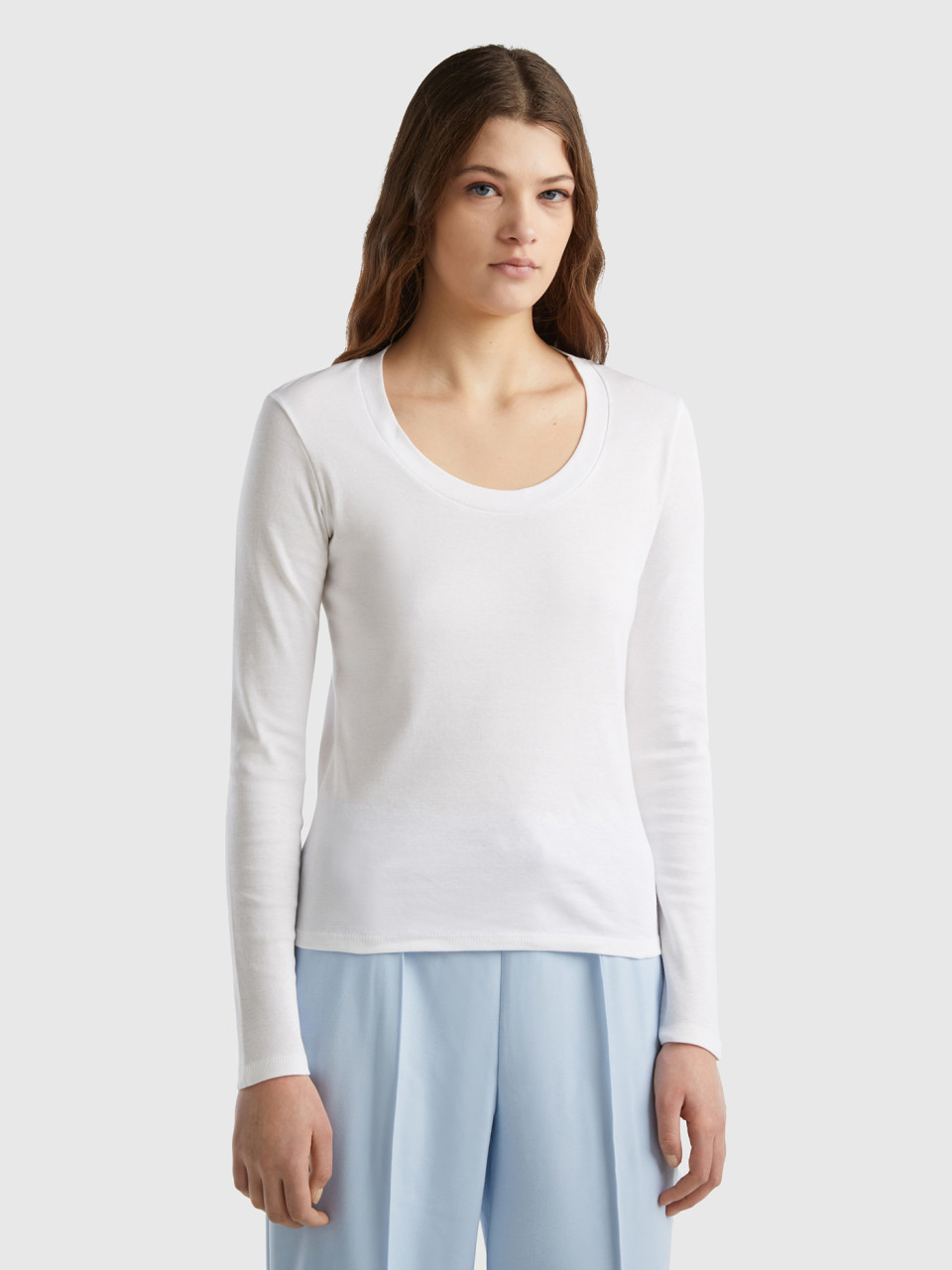 Benetton, T-shirt À Manches Longues En Pur Coton, Blanc, Femme