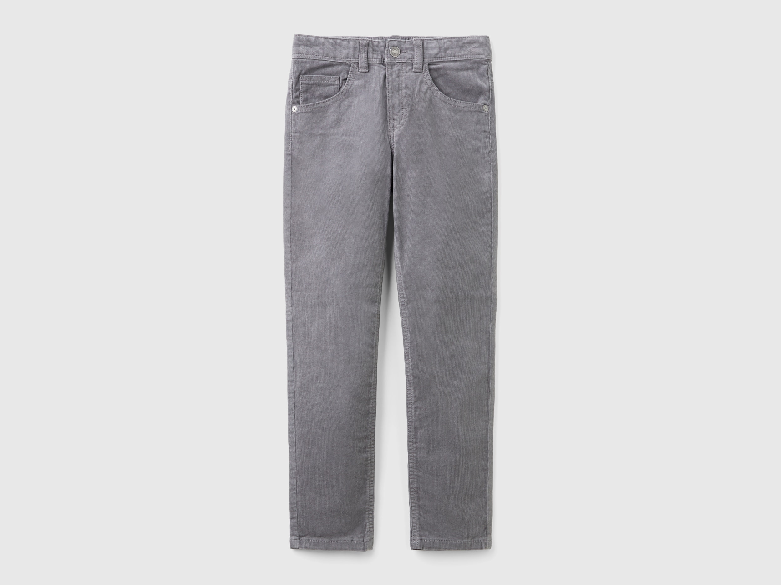 Benetton, Pantaloni Slim Fit In Velluto Stretch, Grigio Scuro, Bambini
