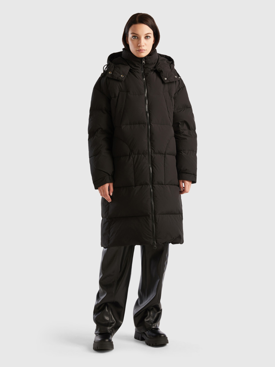 Benetton, Long Padded Jacket With Removable Hood, Black, Women