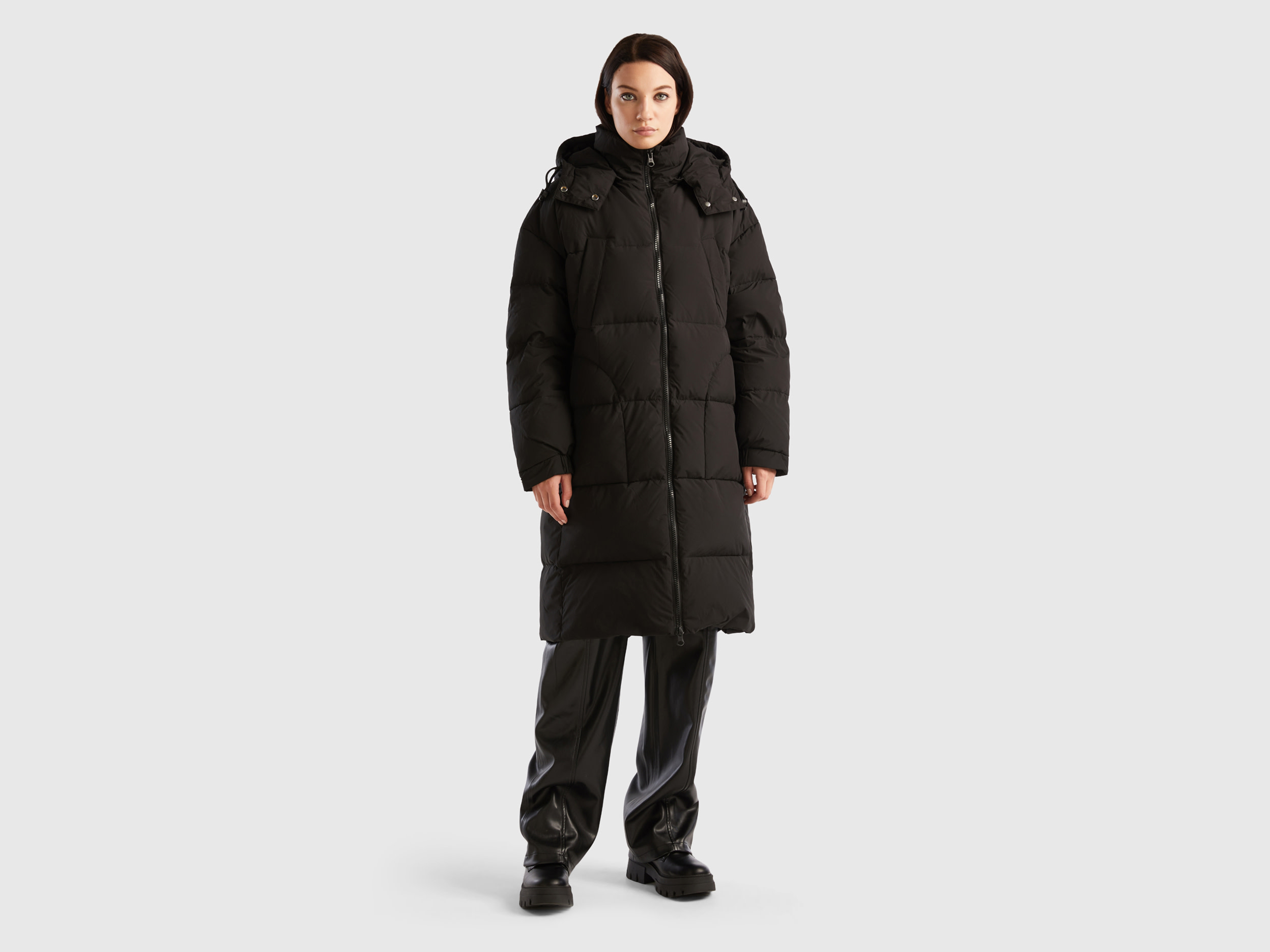 benetton, long padded jacket with removable hood, size xs, black, women