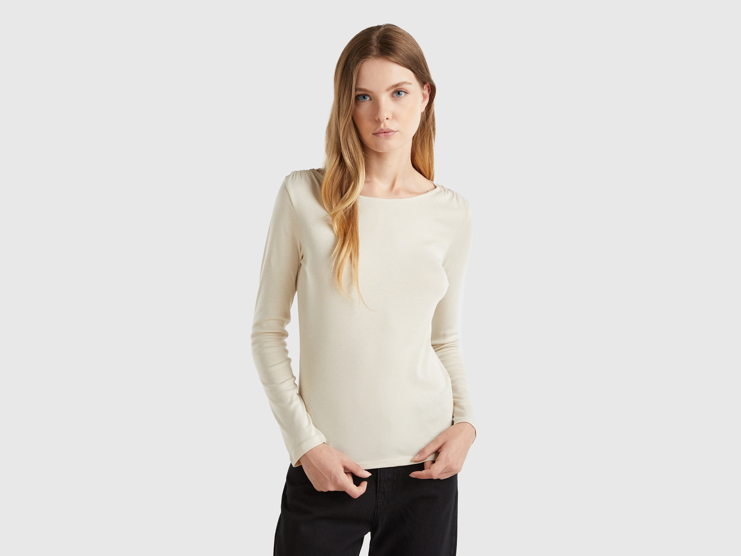 Benetton, Maglietta Manica Lunga In Puro Cotone, Beige, Donna