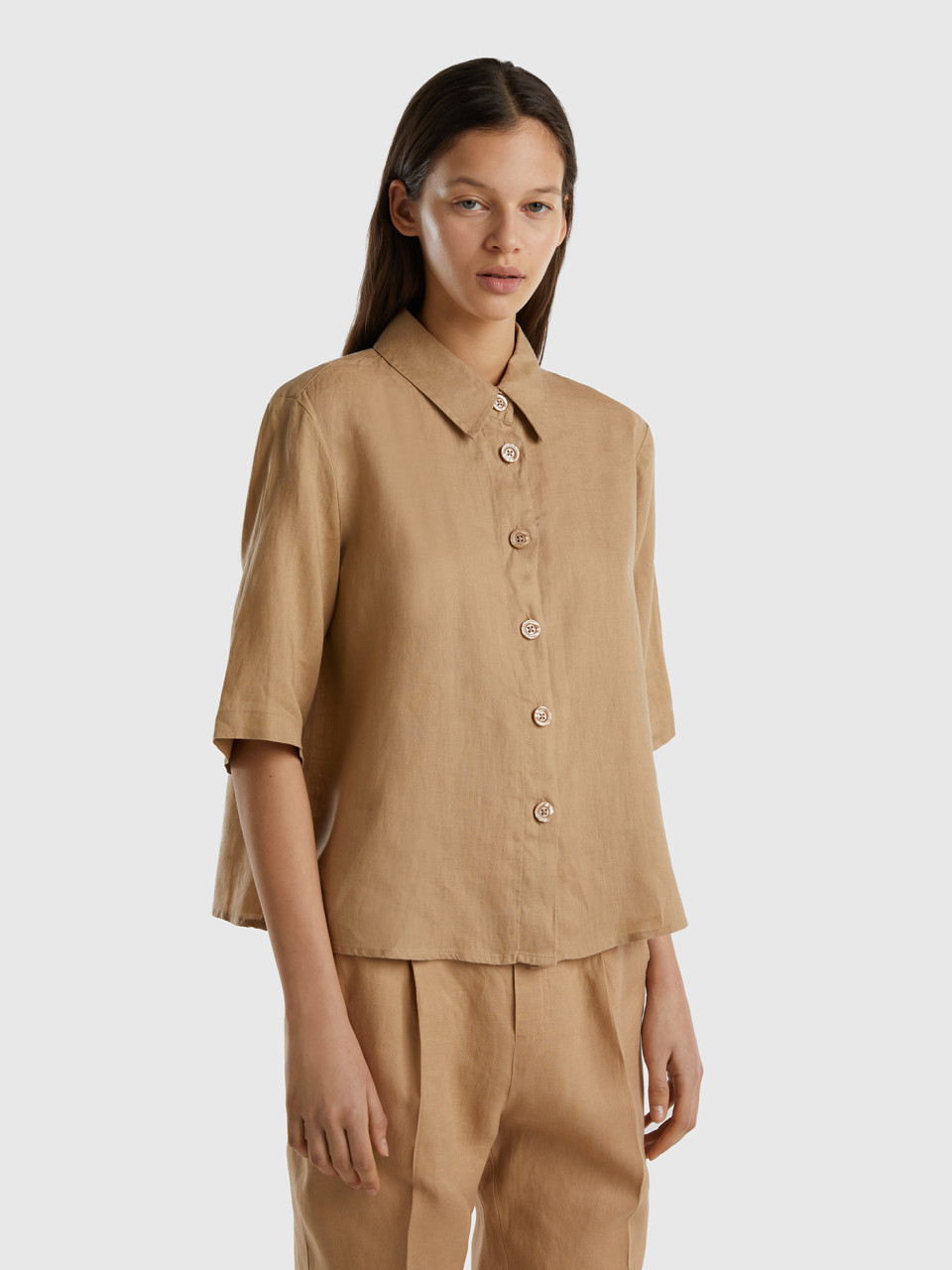 Benetton, Short Shirt In Pure Linen, Camel, Women