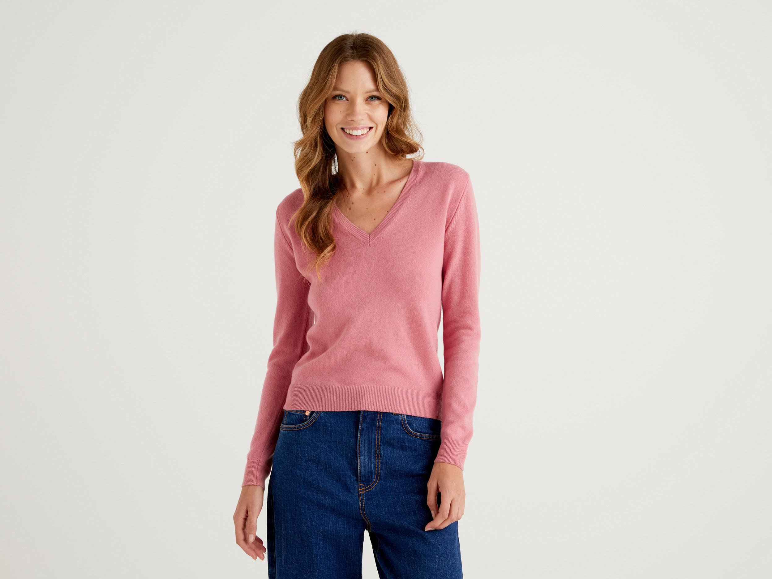 benetton, pink v-neck sweater in pure merino wool, size xs, pink, women