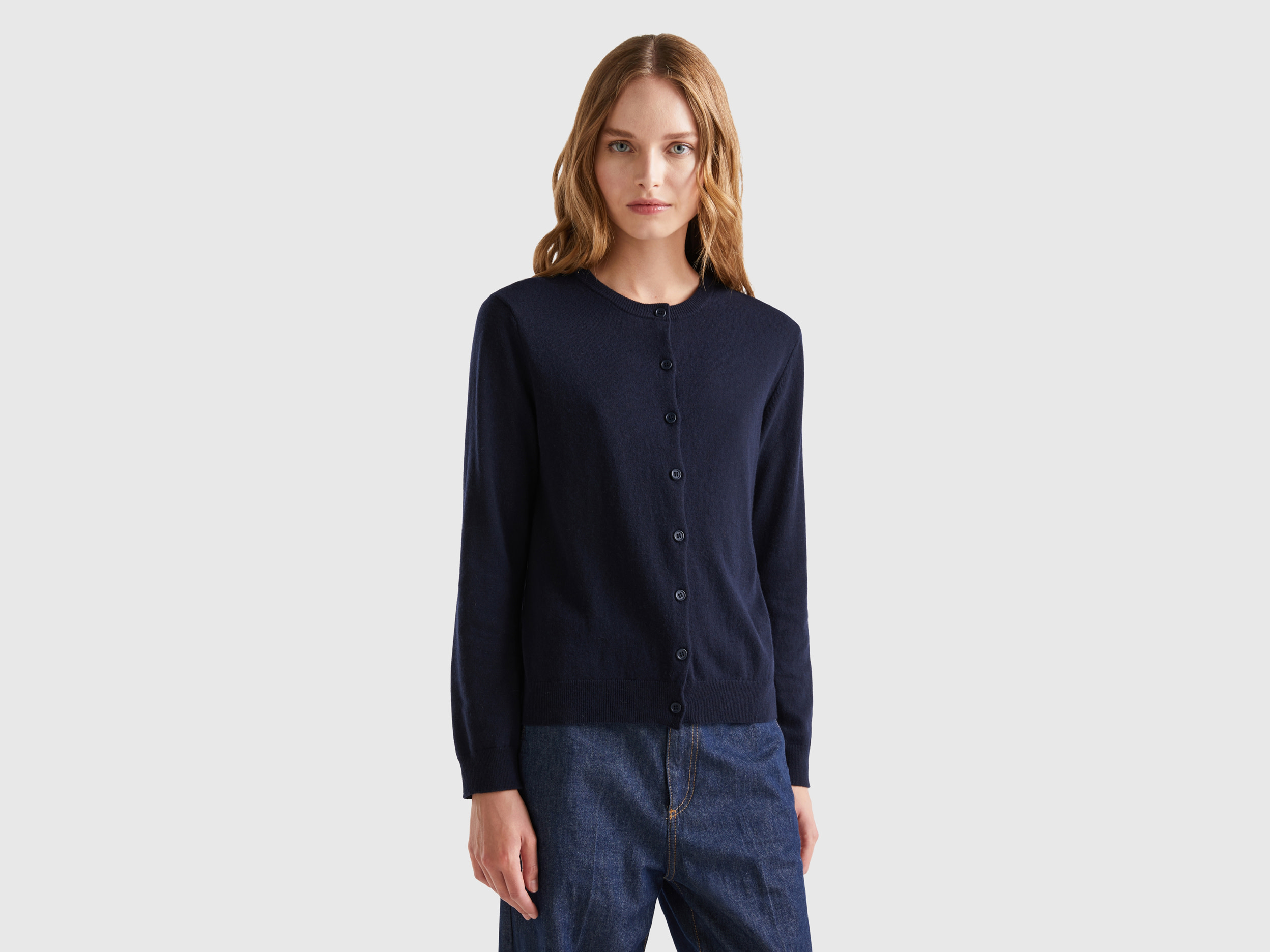 Benetton, Dark Blue Cardigan In Cashmere And Wool Blend, size S, Dark Blue, Women