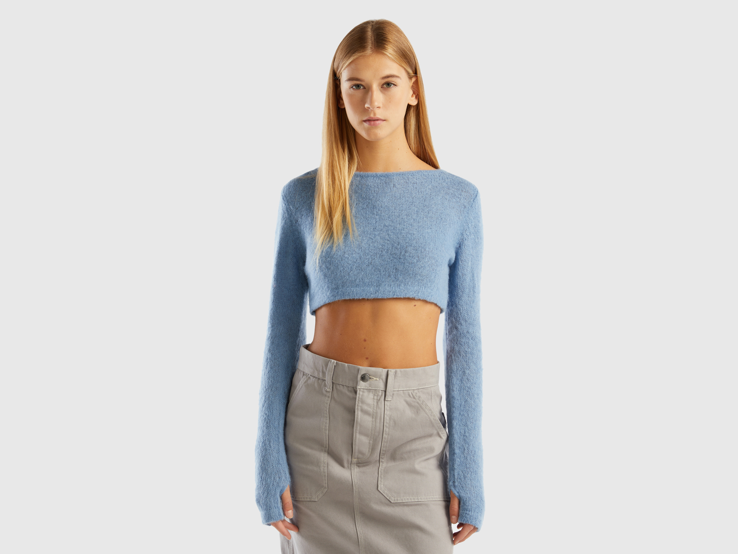 Benetton, Cropped Sweater In Mohair Blend, size M, Light Blue, Women