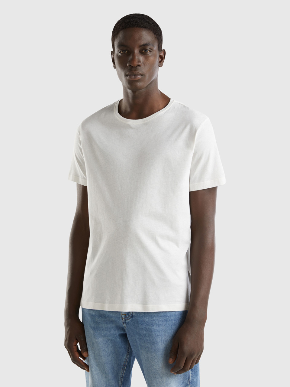 Benetton, Camiseta De Punto Fino, Blanco Crema, Hombre