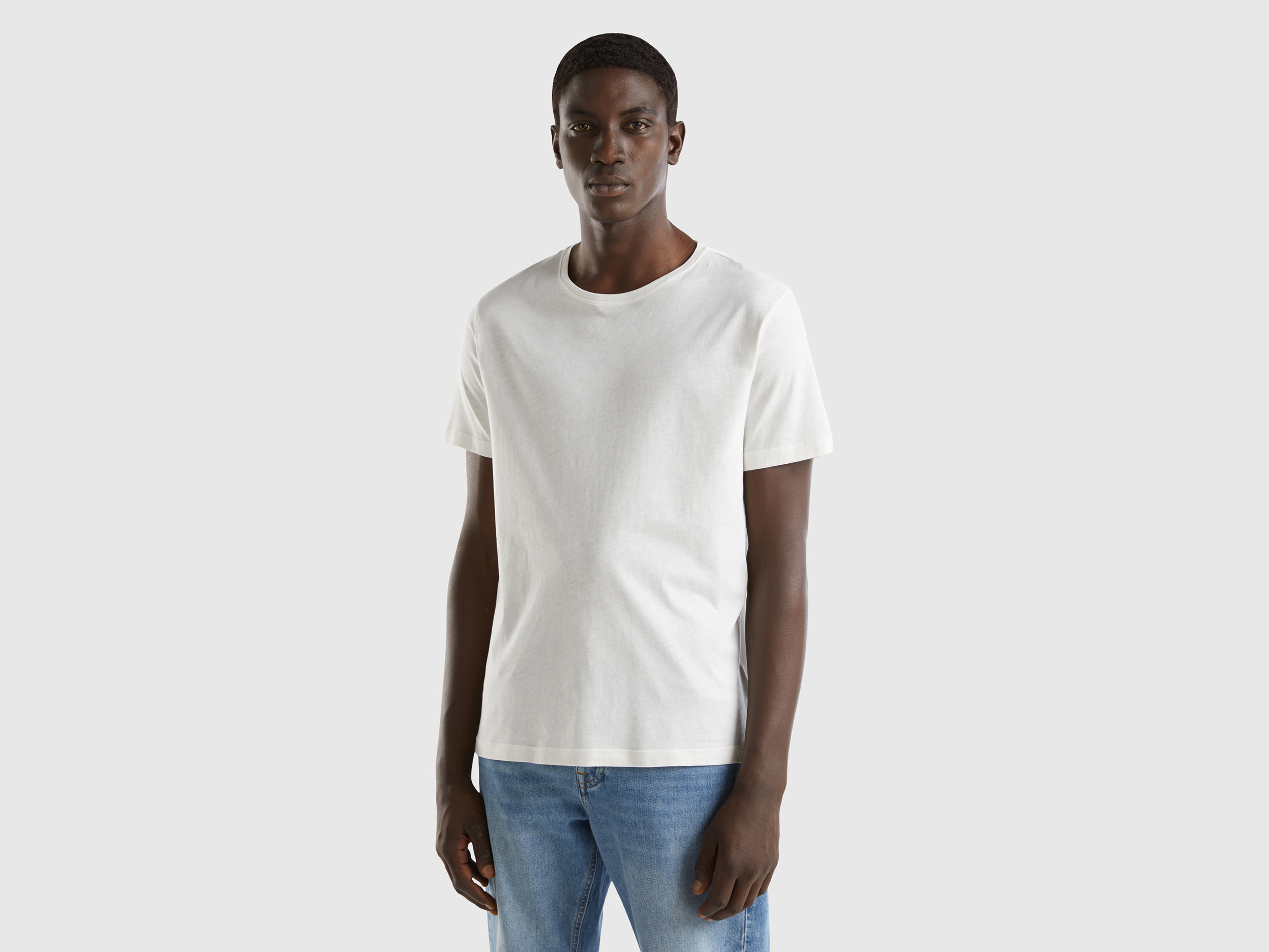 Benetton, Maglietta In Jersey Leggero, Bianco Panna, Uomo