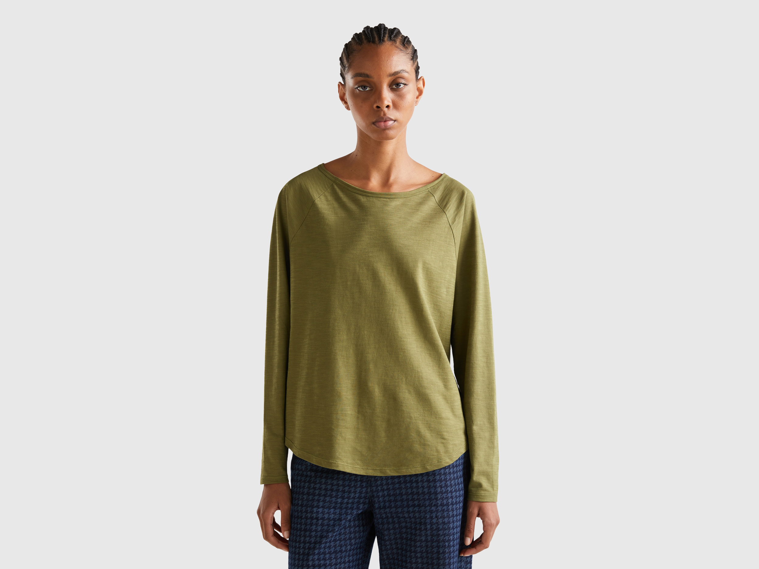 Benetton, Long Sleeve Pure Cotton T-shirt, size M, Military Green, Women