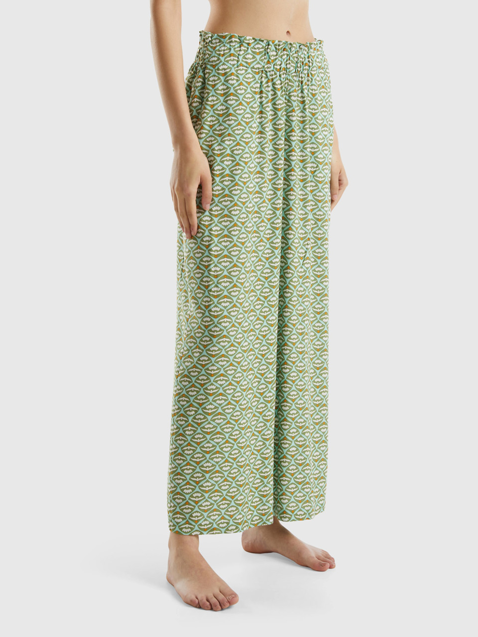Benetton, Trousers With Floral Print, Military Green, Women