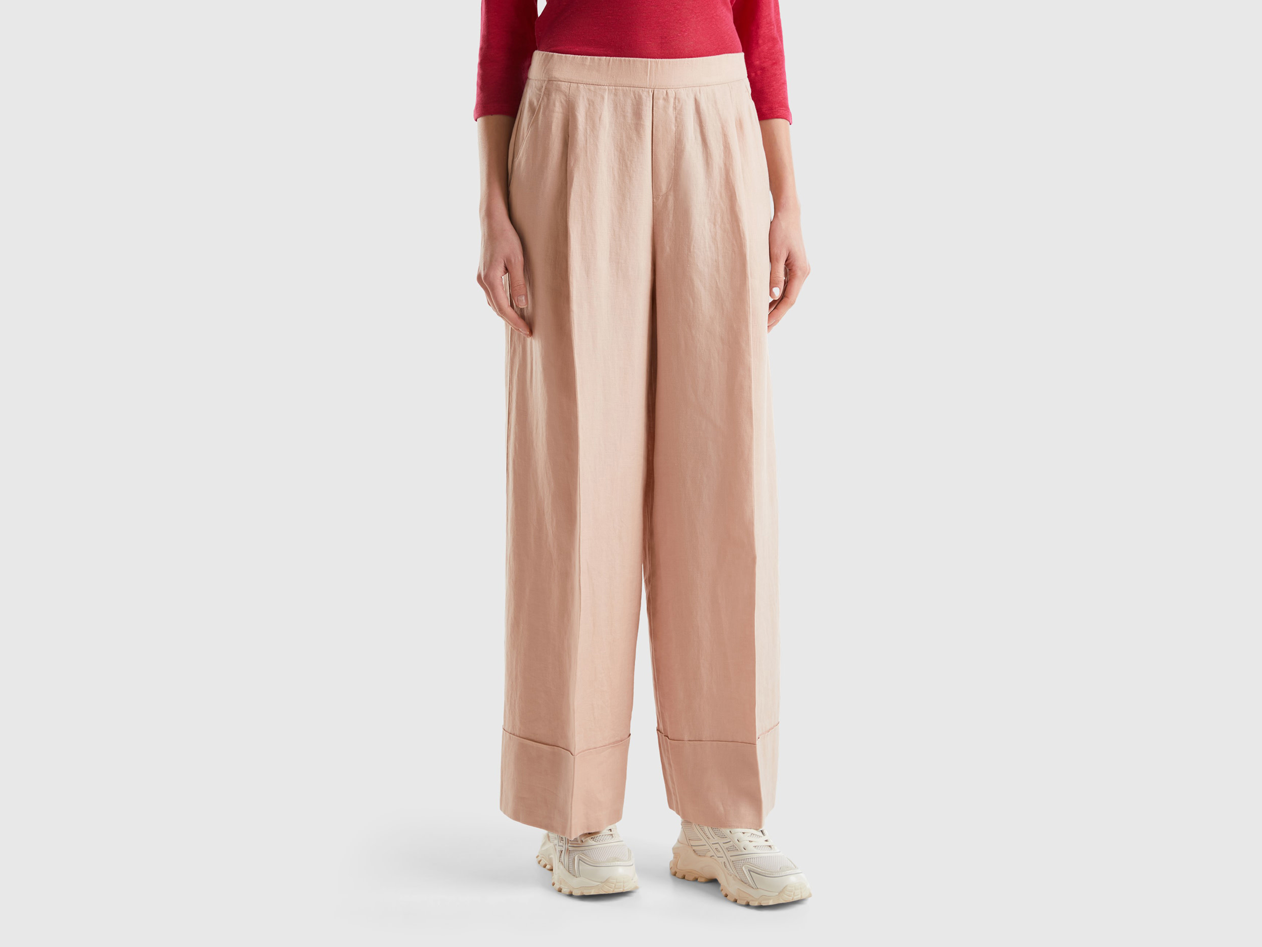 Benetton, Pantaloni Palazzo In 100% Lino, Rosa Carne, Donna