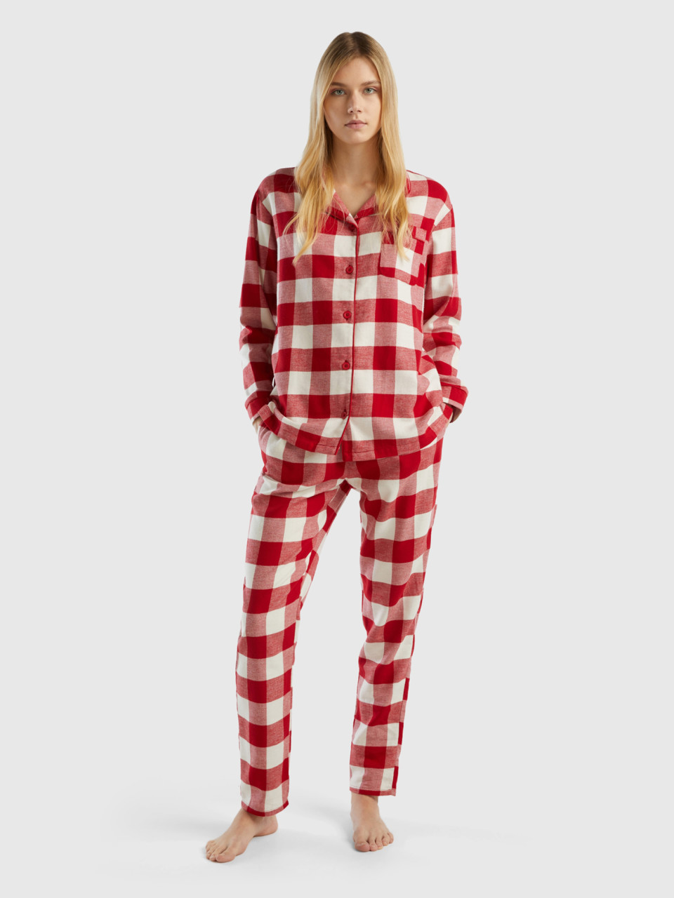 Benetton, Checked Flannel Pyjamas, Red, Women