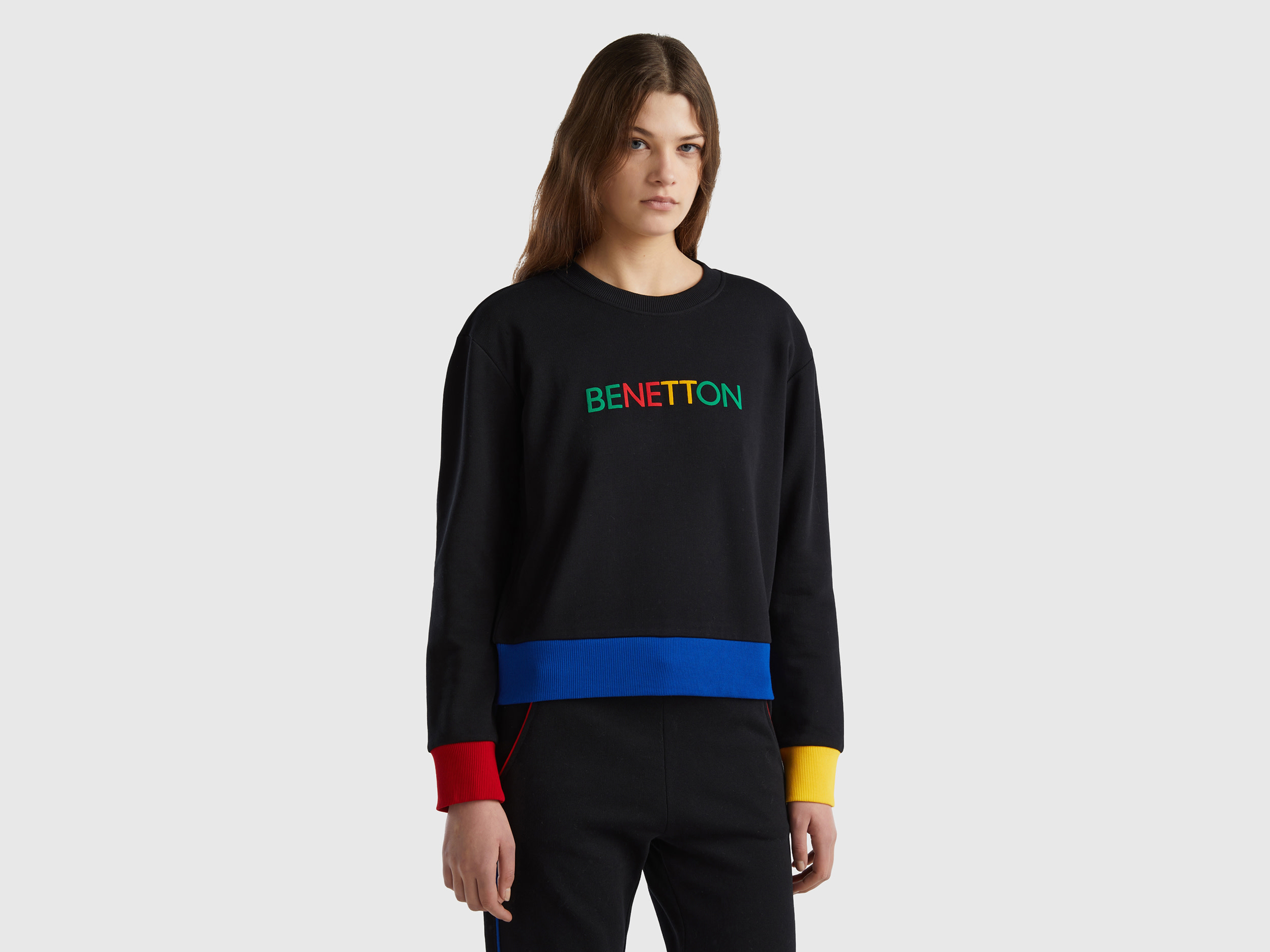 Benetton, 100% Cotton Sweatshirt With Logo Print, size S, Black, Women