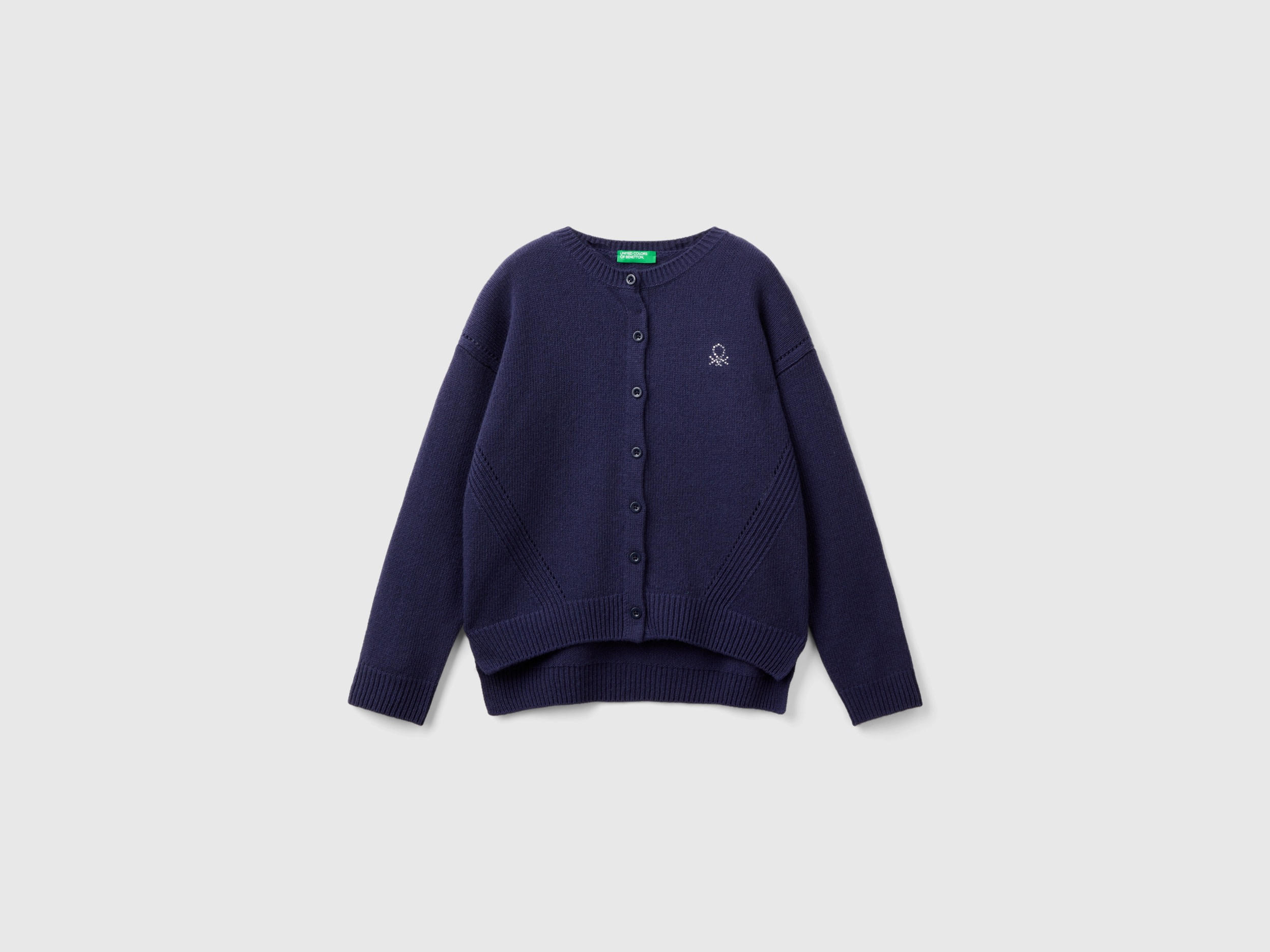 Benetton, Cardigan Girocollo Con Logo In Strass, Blu Scuro, Bambini