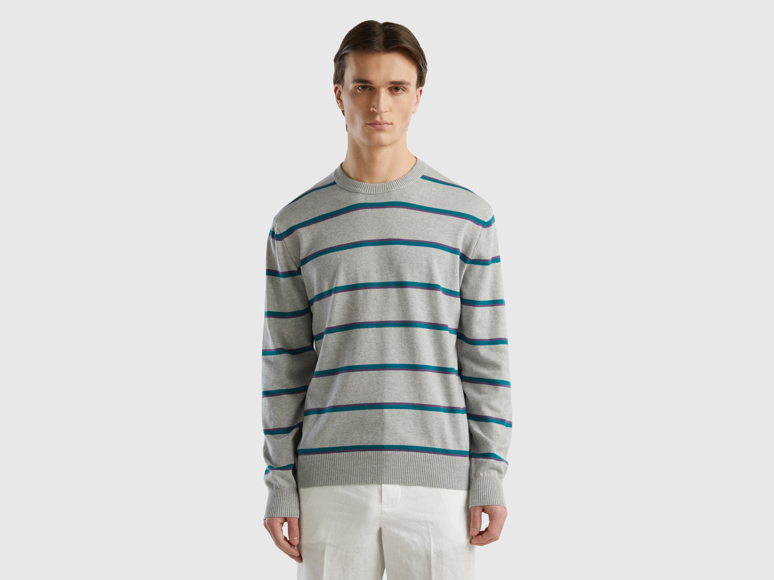 Benetton, Striped 100% Cotton Sweater, size XL, Light Gray, Men