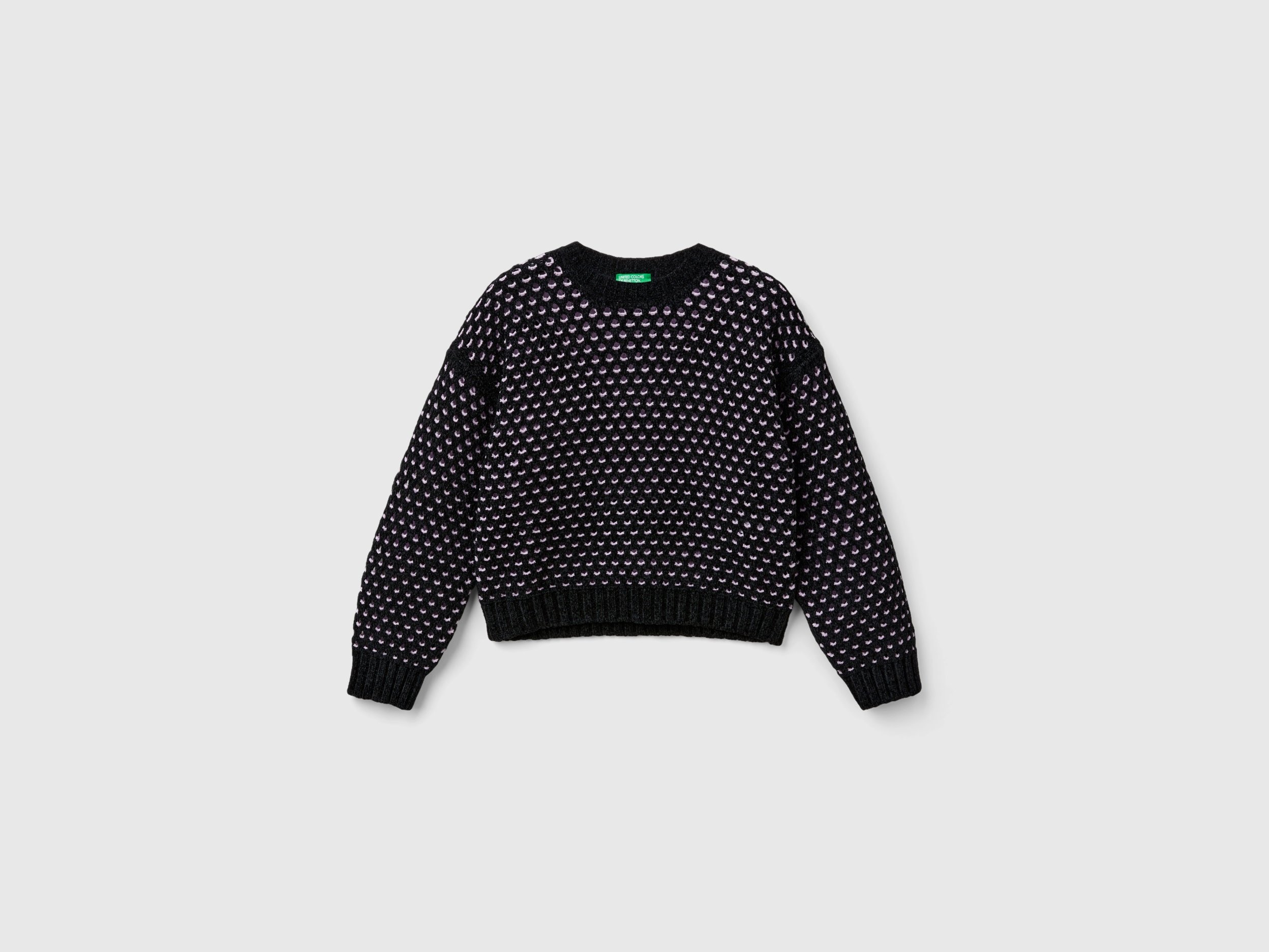 Benetton, Maglia Boxy Fit In Ciniglia, Nero, Bambini