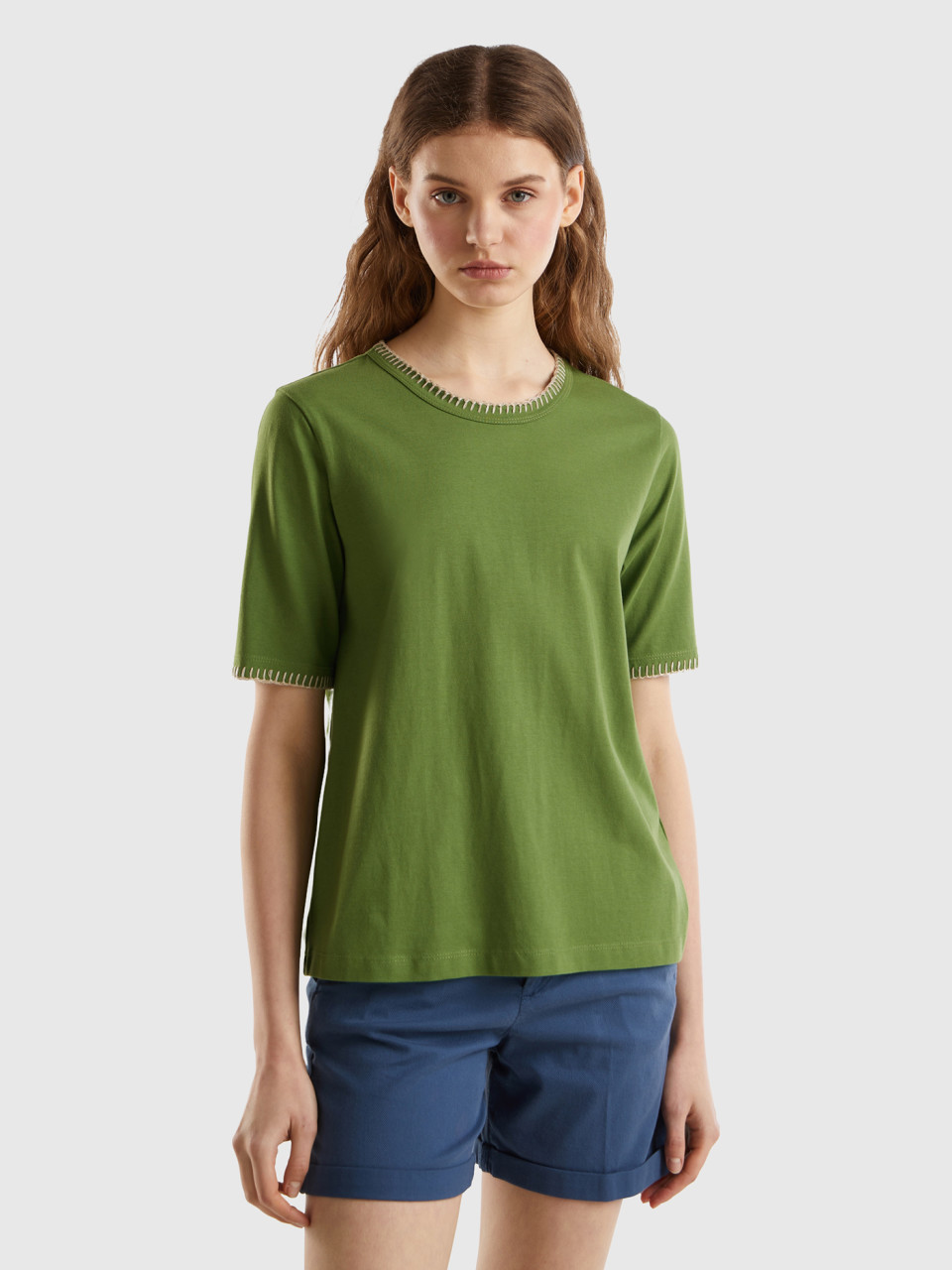 Benetton, Camiseta De Algodón Con Cuello Redondo, Militar, Mujer