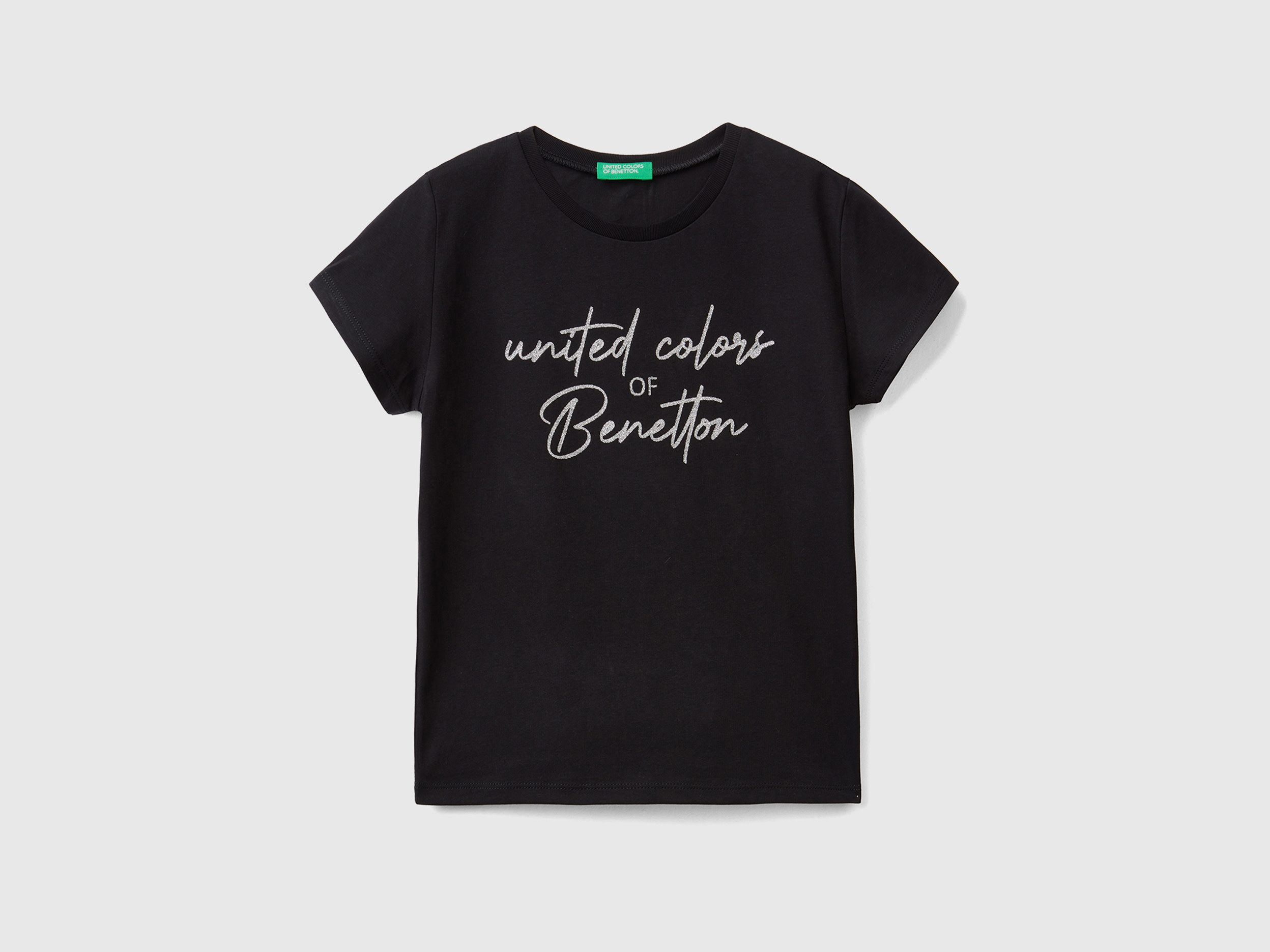 Benetton, T shirt Con Logo Glitter In Cotone Bio, Nero, Bambini