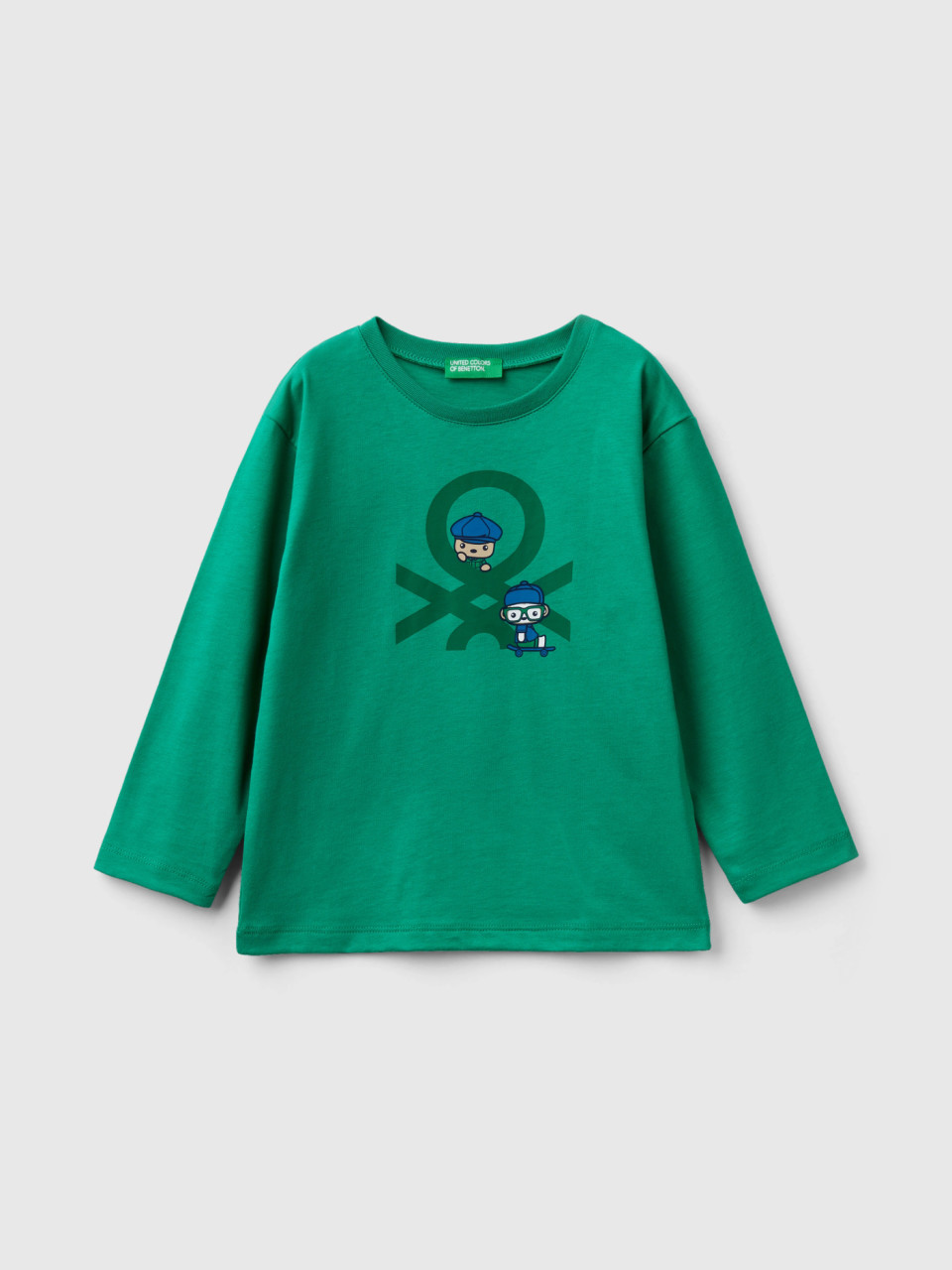 Benetton, T-shirt Manica Lunga In Cotone Bio, Verde, Bambini