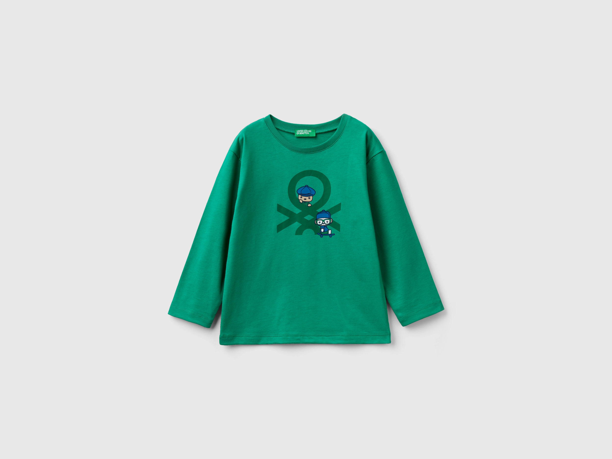 Image of Benetton, Long Sleeve Organic Cotton T-shirt, size 110, Green, Kids