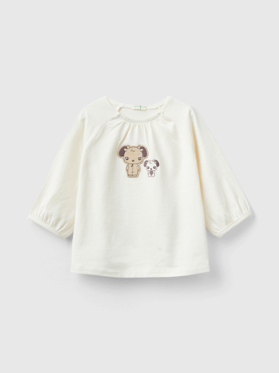 Benetton, T-shirt With Embroidery And Patch, Creamy White, Kids